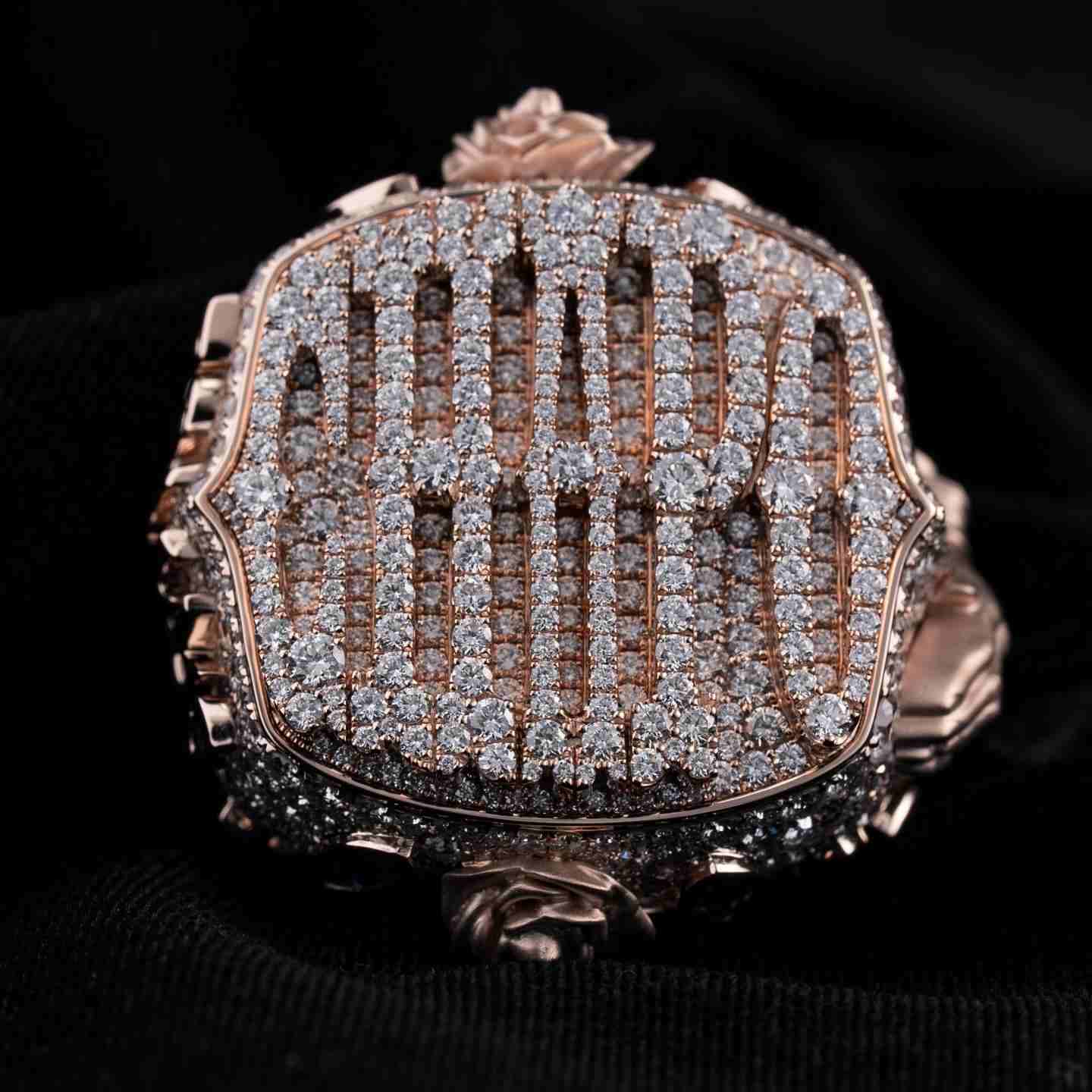 Personalized name engraving on the ring's crown in bold hip-hop style font. Features 18K rose gold plating and prong-set moissanite stones for diamond-tier brilliance.