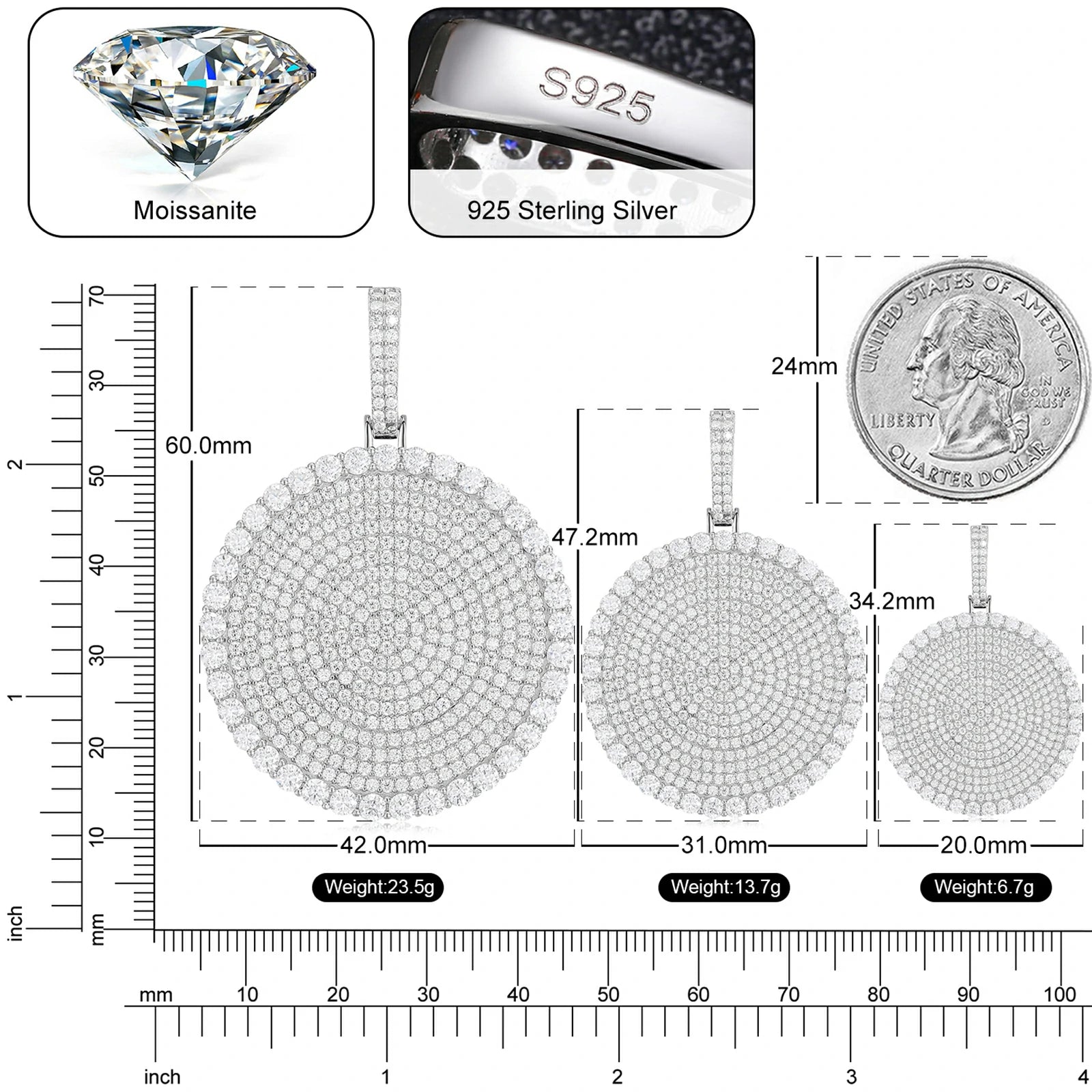 S925 Moissanite Round Dog Tag Pendant