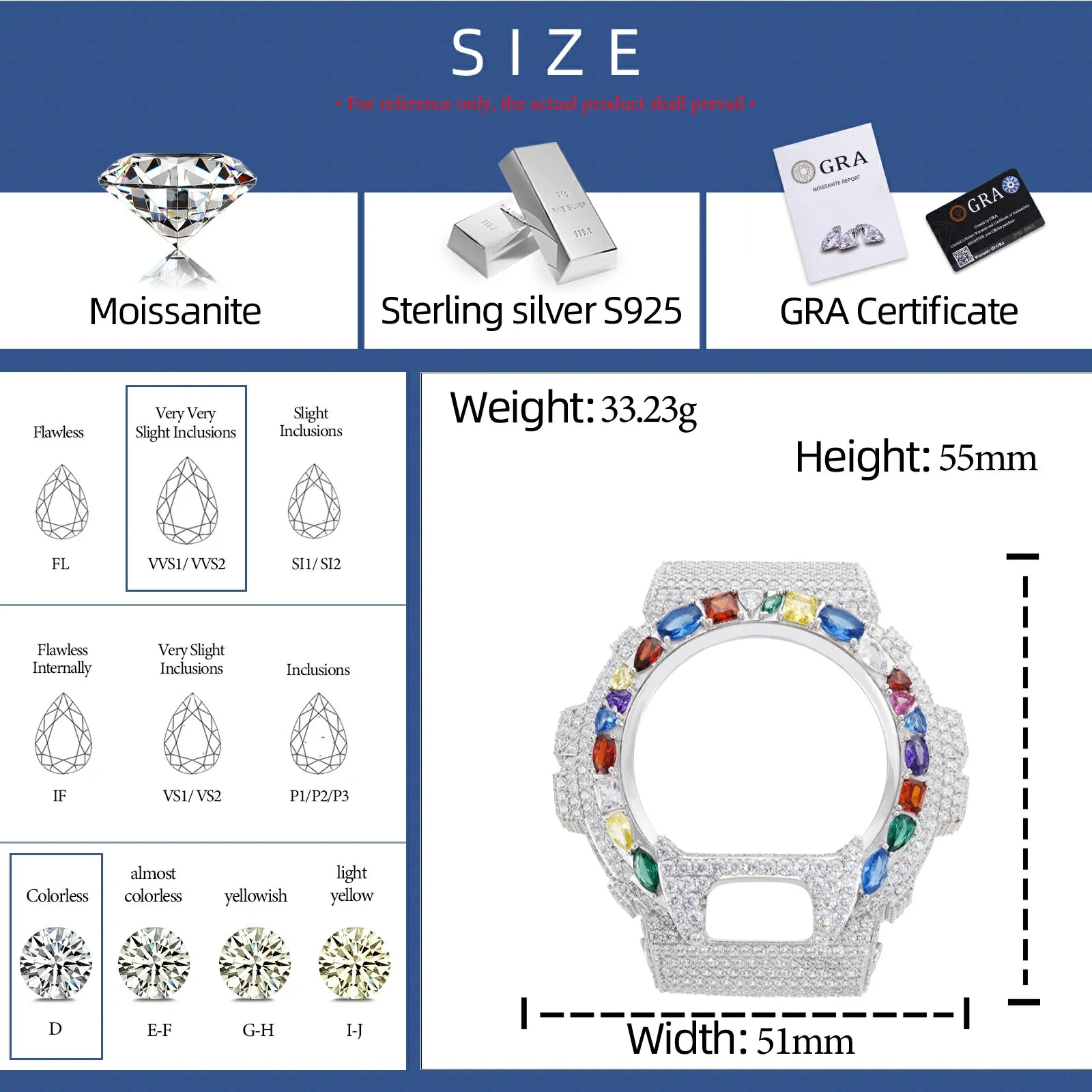 S925 Moissanite Multi Color Gemstone Watch Case for DW6900
