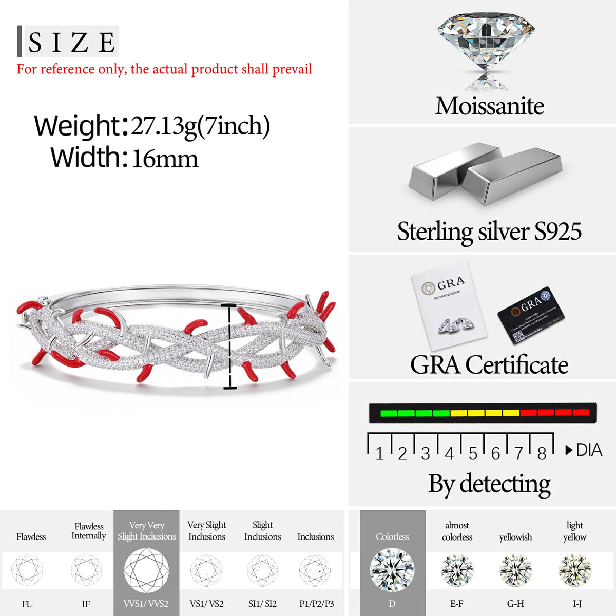 S925 Moissanite Enamel Plated Crown of Thorns Bangle
