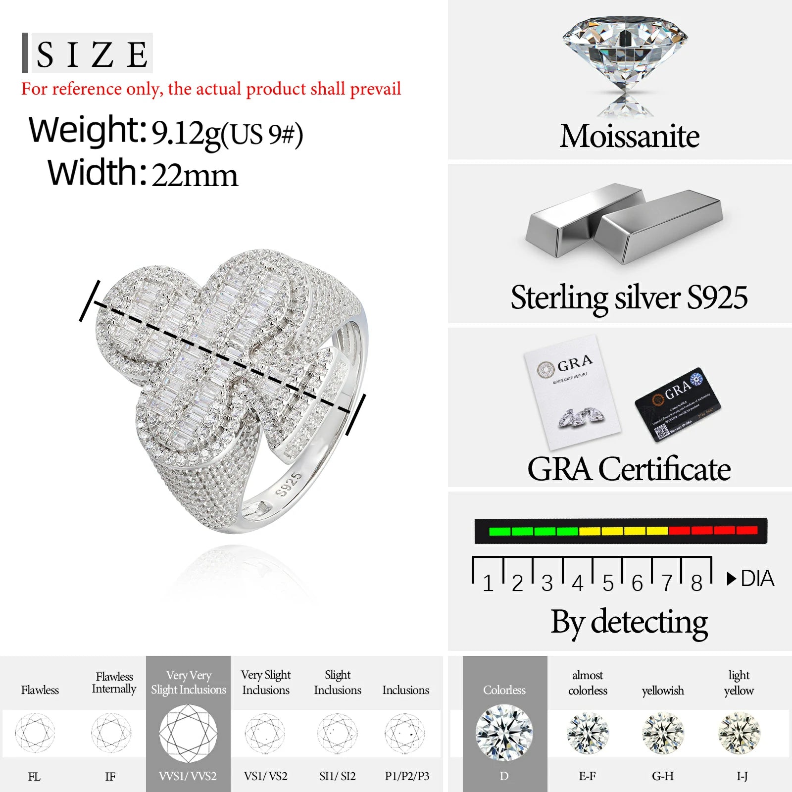 S925 Baguette Moissanite Plum Blossom Ring