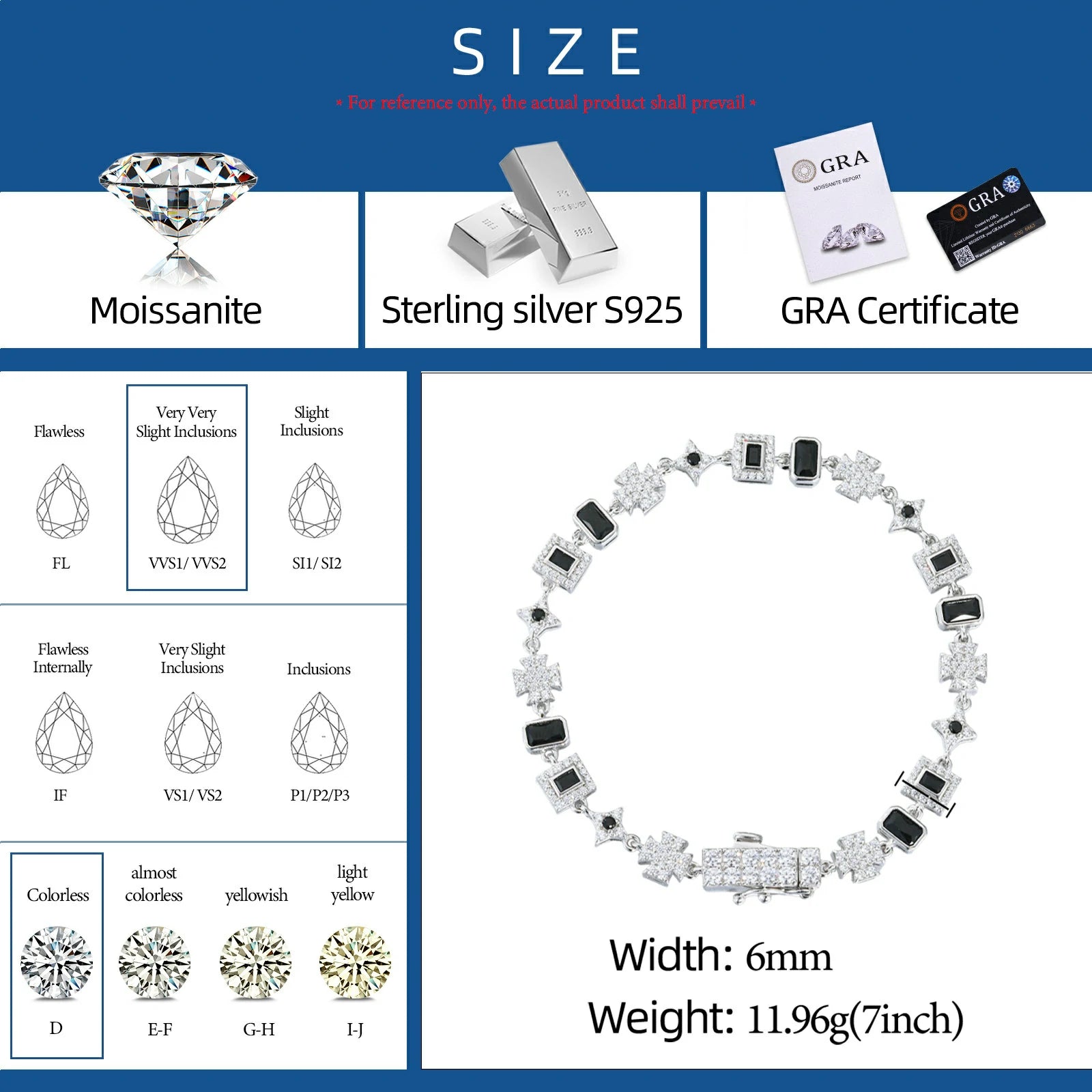 6mm S925 Moissanite Black Baguette Star Maltese Cross Bracelet