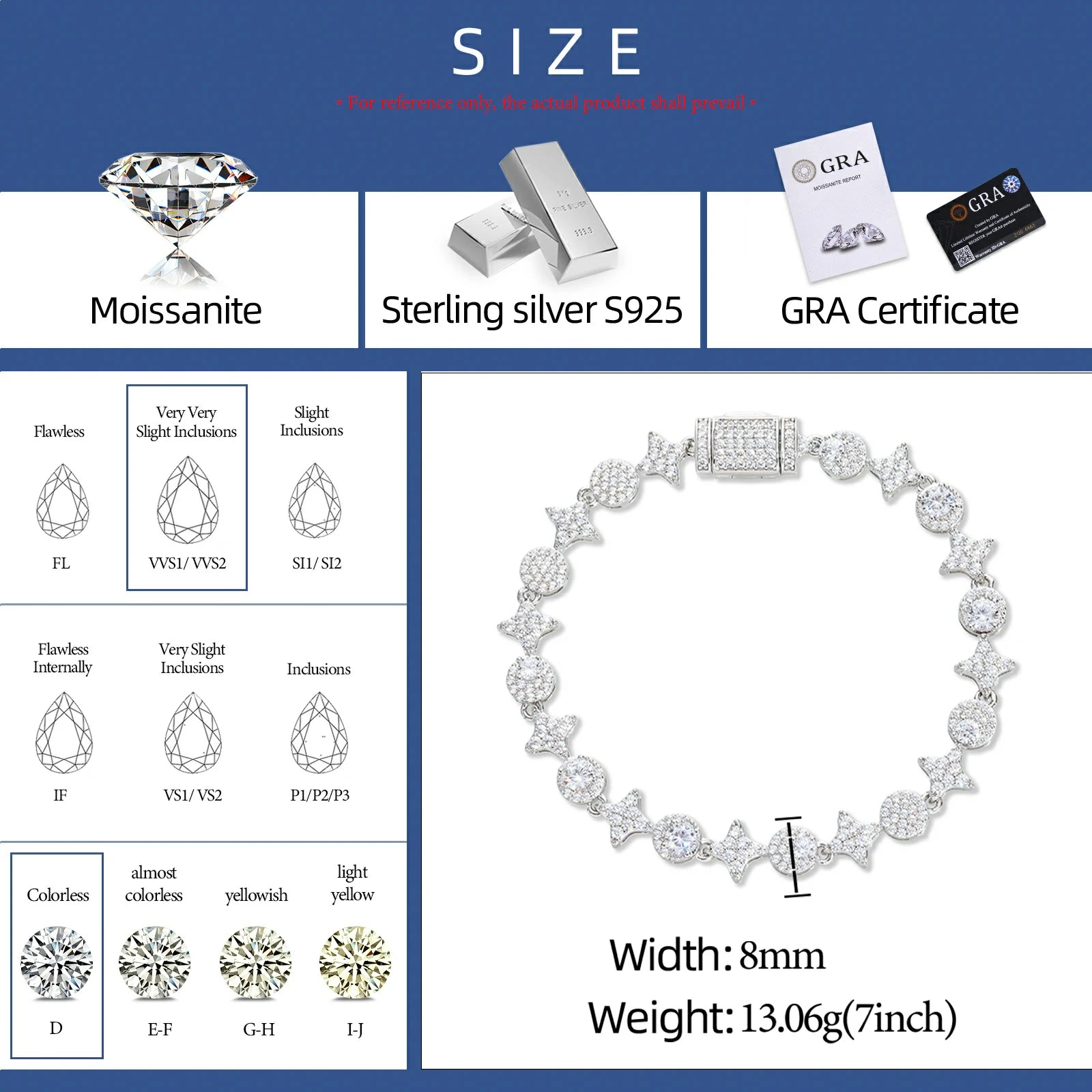 8mm S925 Moissanite Star Halo Tennis Bracelet