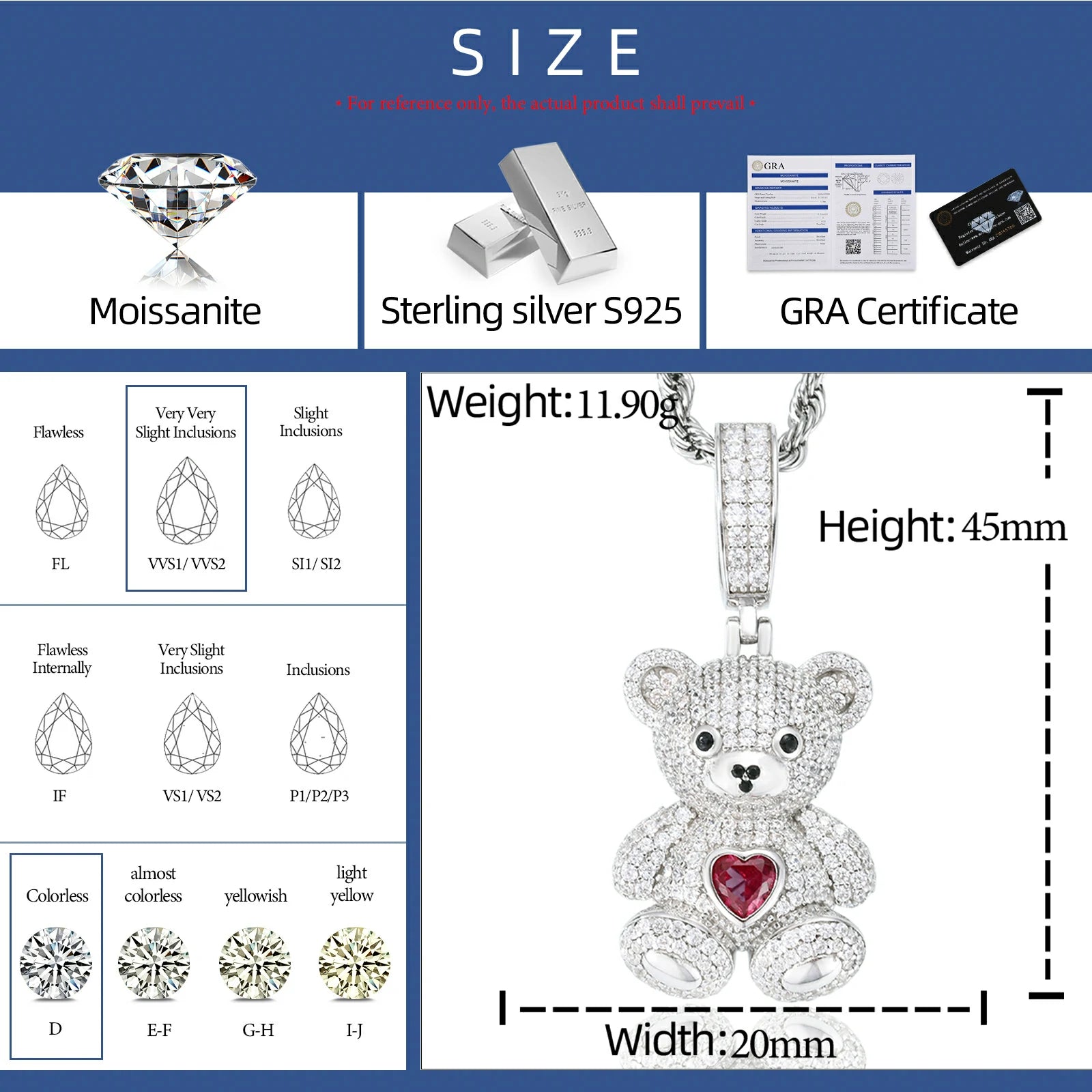 S925 Moissanite Sweetheart Bear Pendant