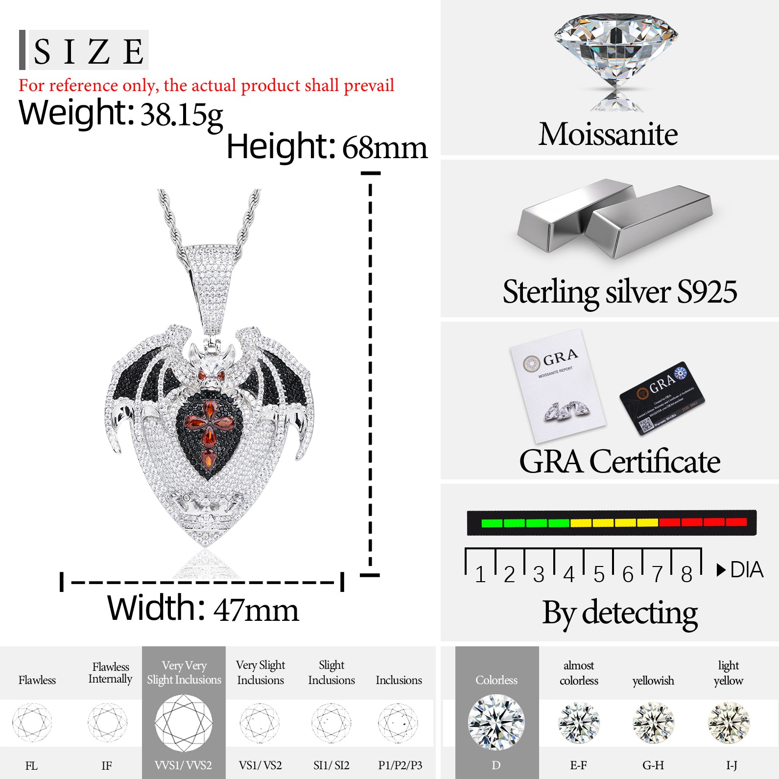 S925 Moissanite Bat Dark Guardian Pendant