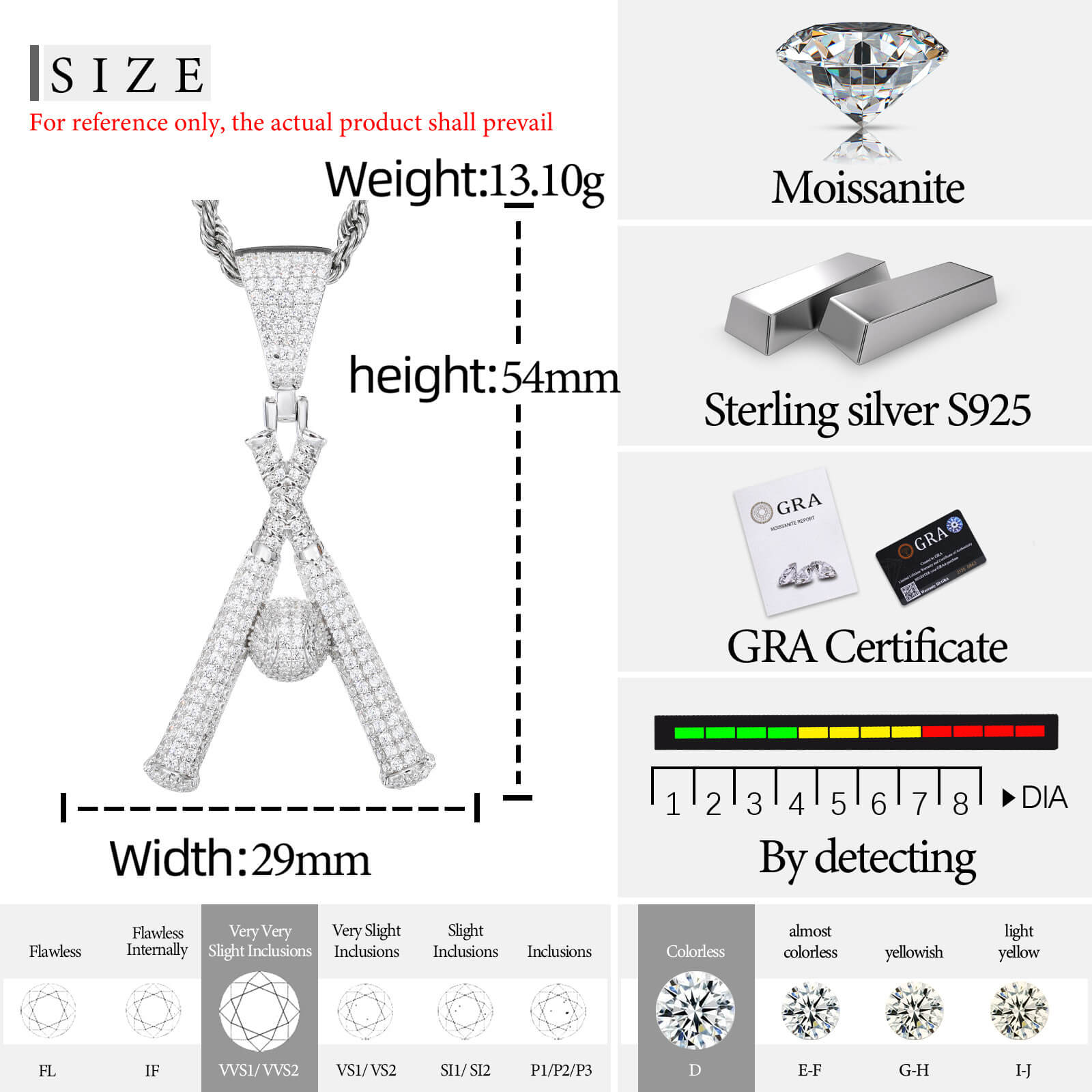 S925 Moissanite Silver Slugger Pendant