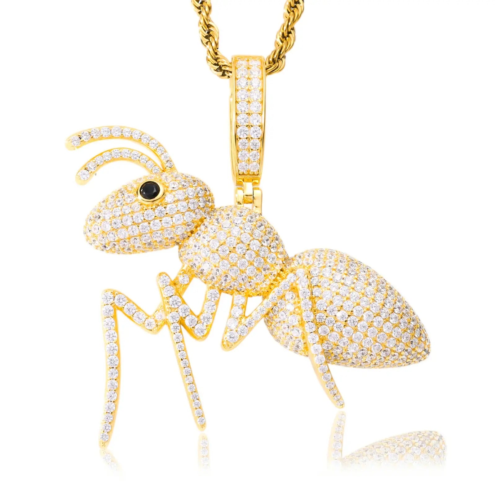 Gold plated ant pendant on white background - luxury 925 sterling silver jewelry with premium moissanite stone setting