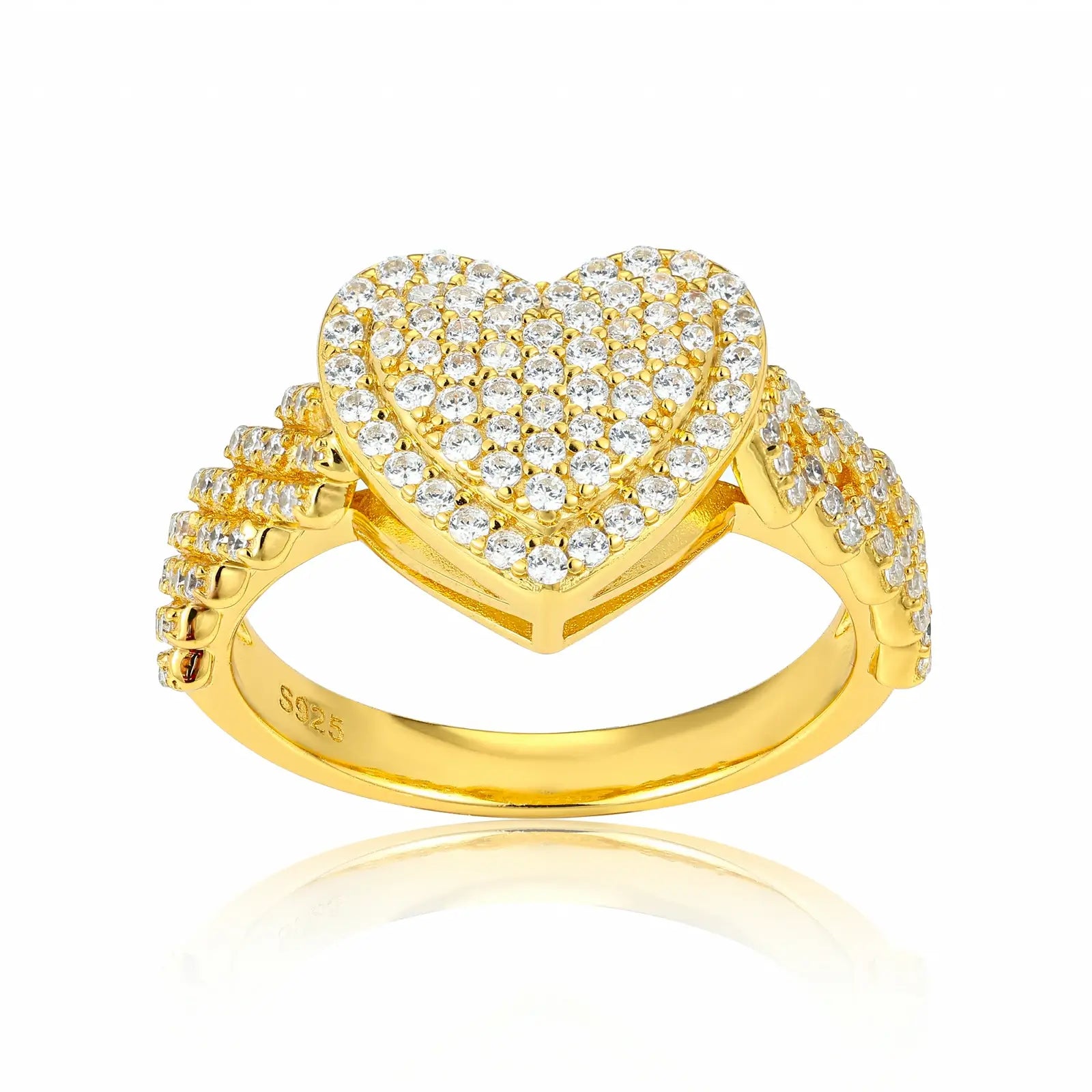 Gold 2-layer heart ring on white - Cuban links framing 11.50 CT moissanites | Hypoallergenic S925 luxury