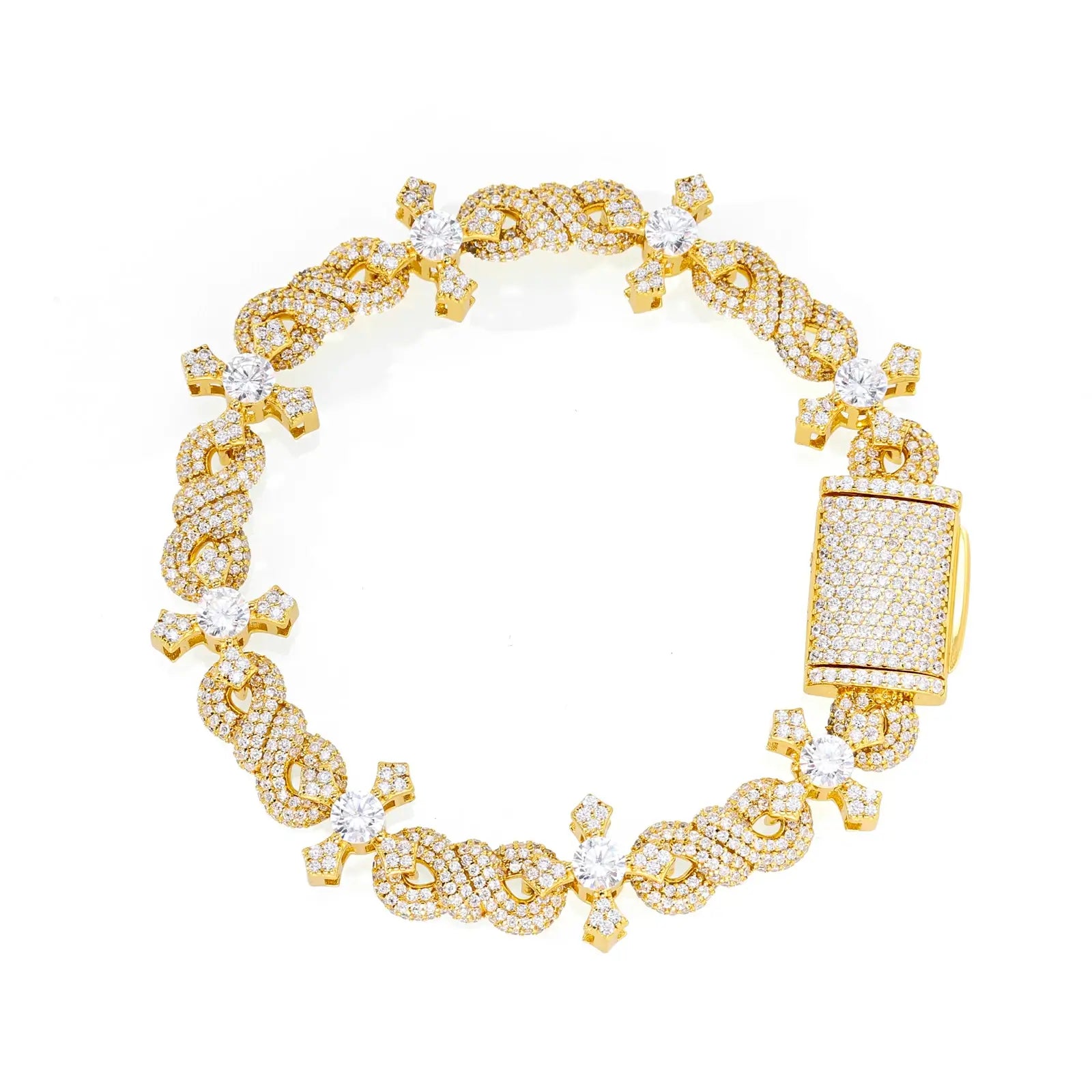 Gold sacred geometry bracelet on white - entwined infinity and cross links | Waterproof spiritual jewelry