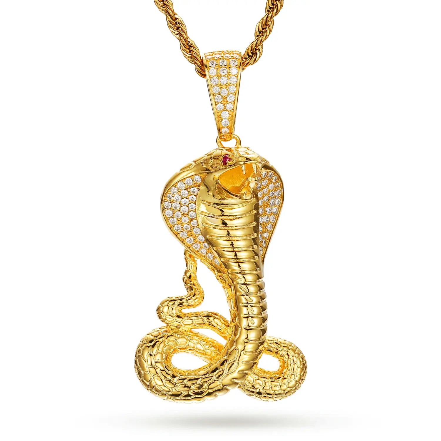 14K gold cobra pendant on white background - ruby eyes and moissanite scales | Waterproof luxury necklace