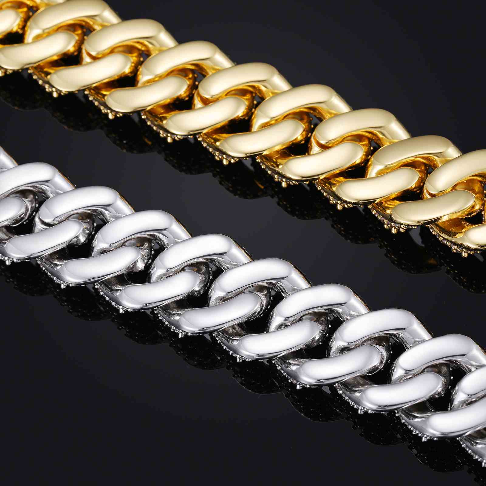 Gold and silver dual-tone back view of the 15mm and 18mm Buble Cuban Chains, offering versatile color options for men’s jewelry