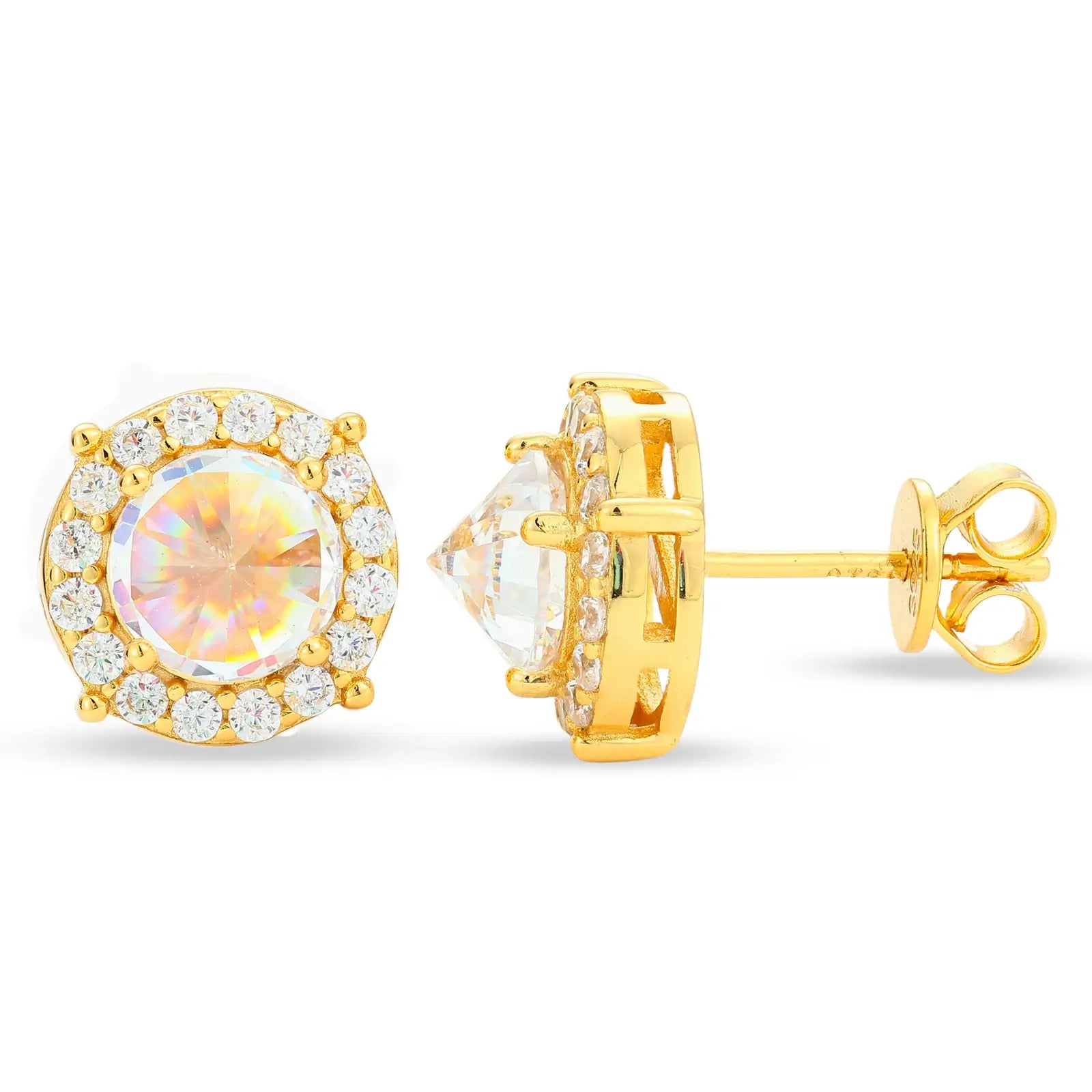 Gold-tone rebellious earrings on white - inverted center stone with halo setting | Hypoallergenic S925 core