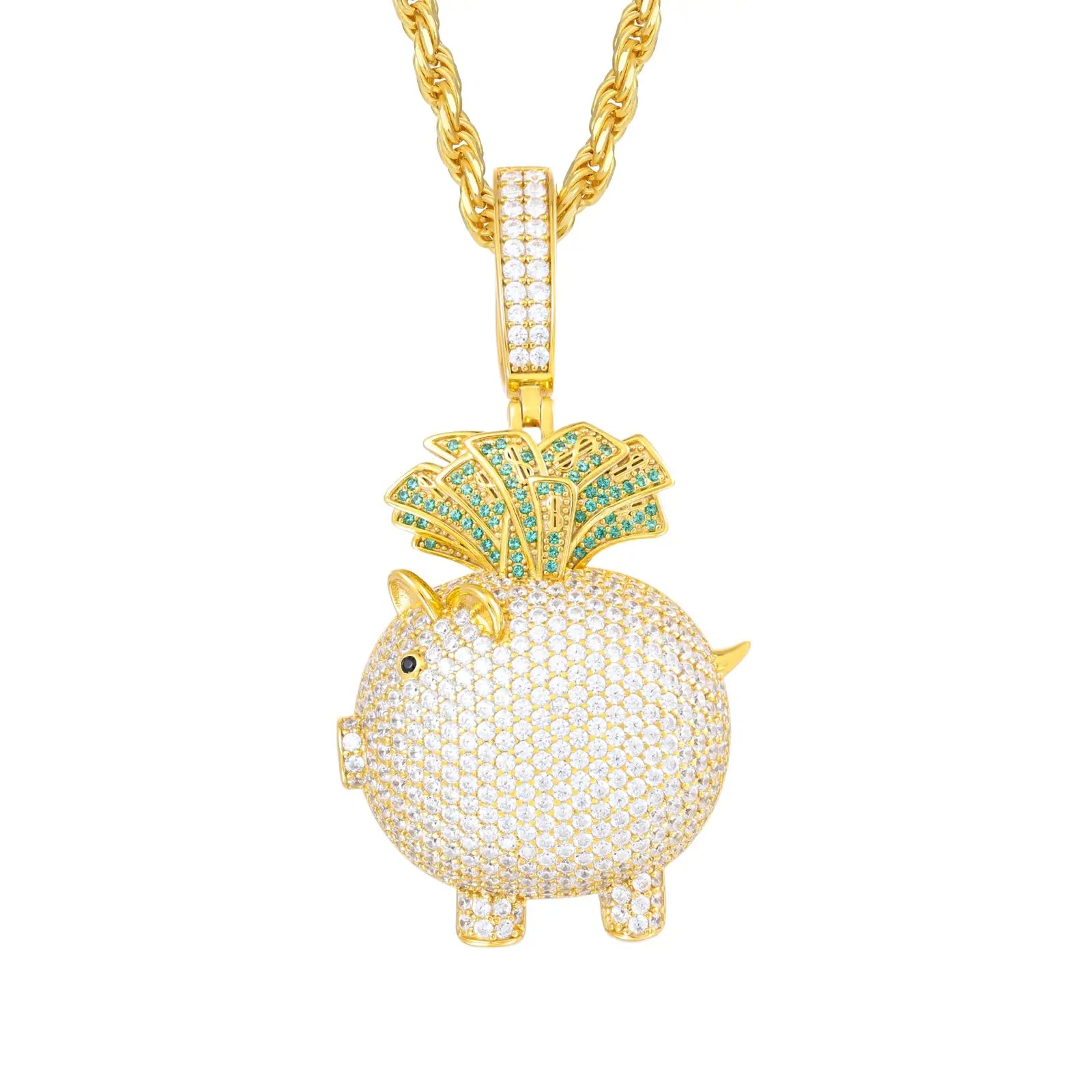Gold-tone piggy bank pendant on white - S925 silver core with green cash fan | Hypoallergenic wealth charm