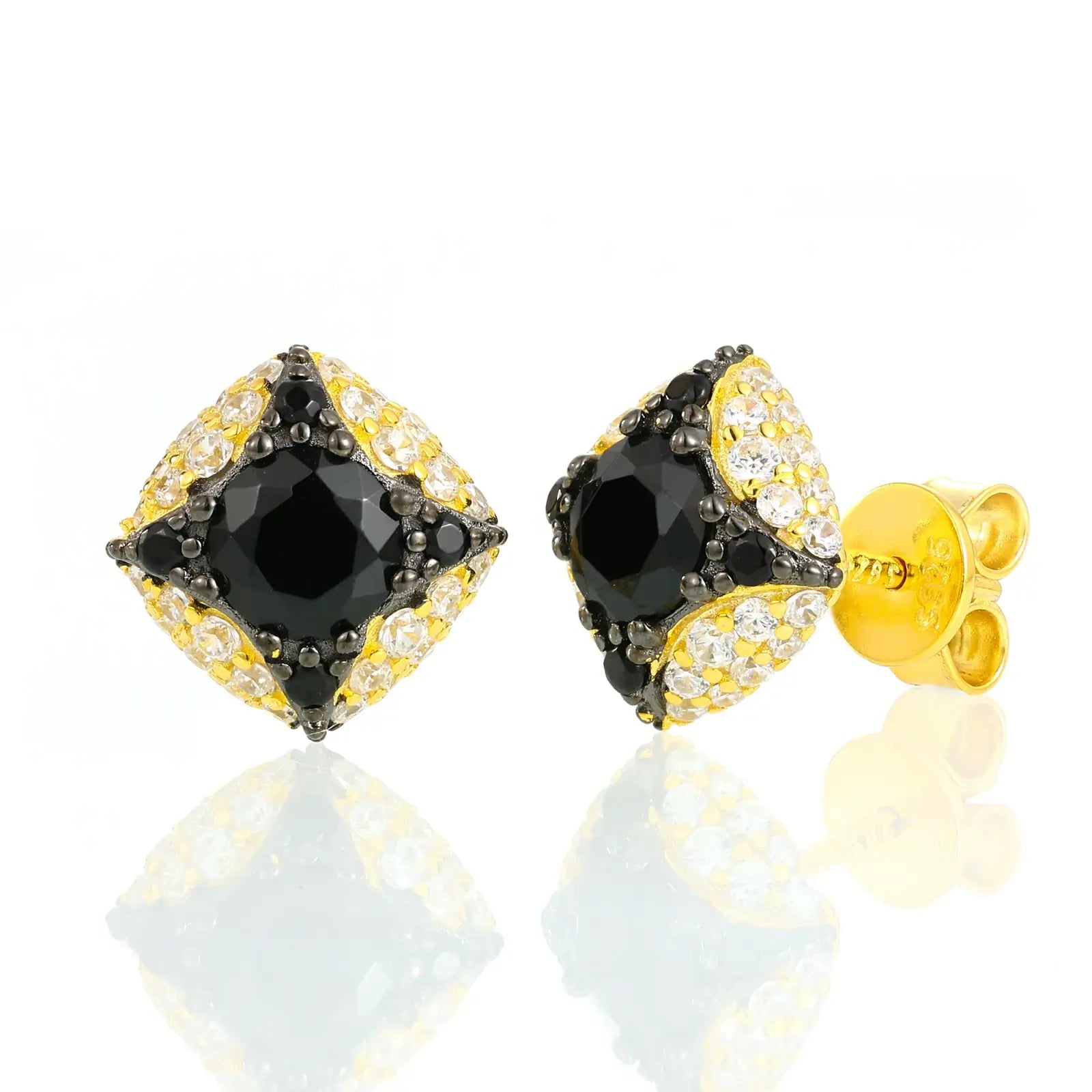 Gold-tone occult earrings on white - four-pointed star design with black moissanite center | Hypoallergenic S925 core