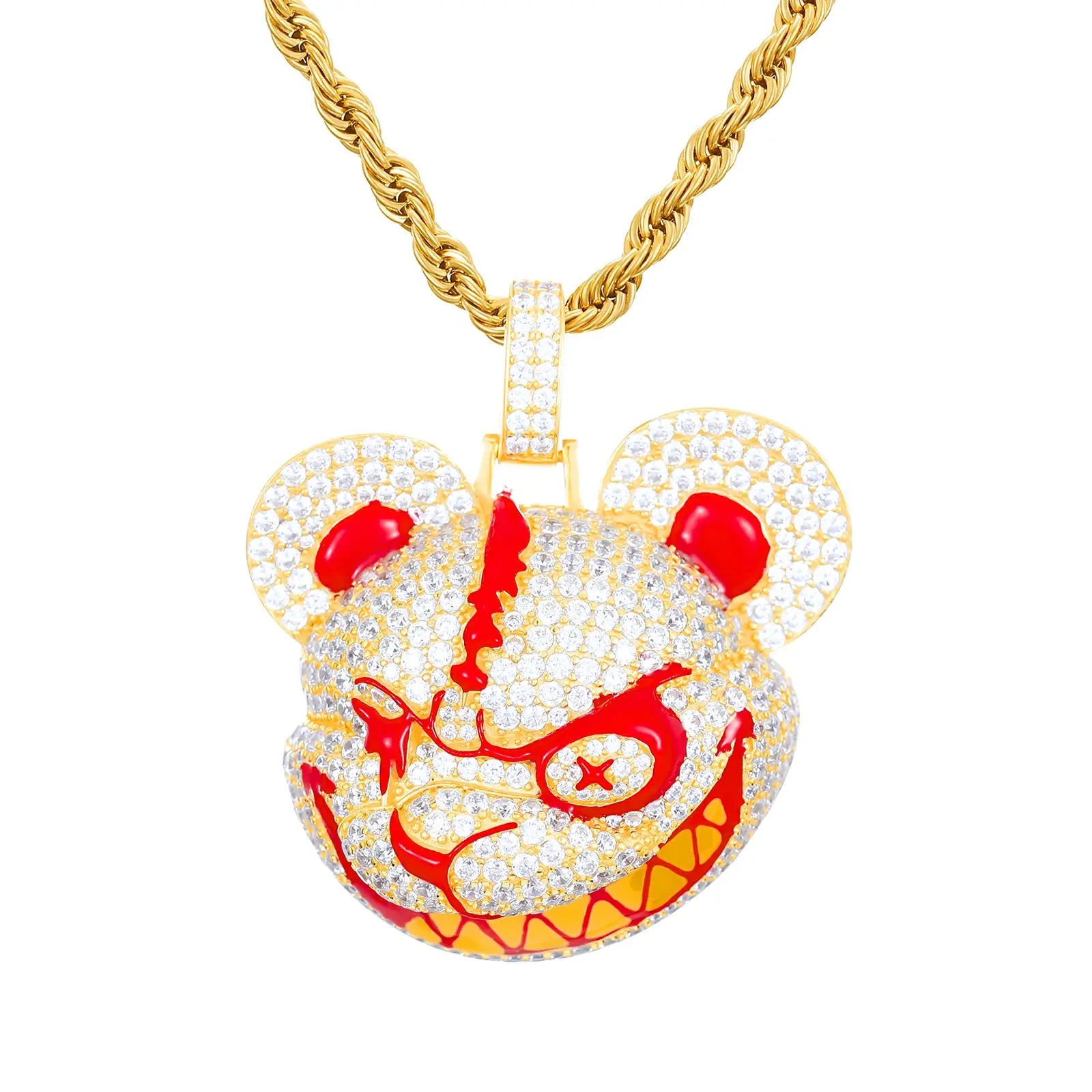 Gold bear head pendant on white - S925 silver core with blood-drip details | Waterproof men's jewelry