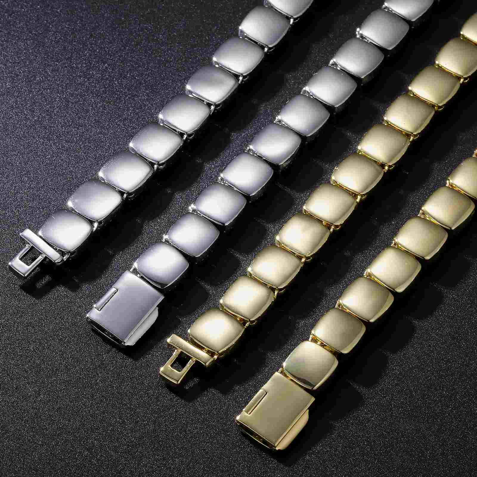 Back view comparison of gold and white gold 10mm Tennis Chains, showcasing hypoallergenic copper construction and ergonomic design