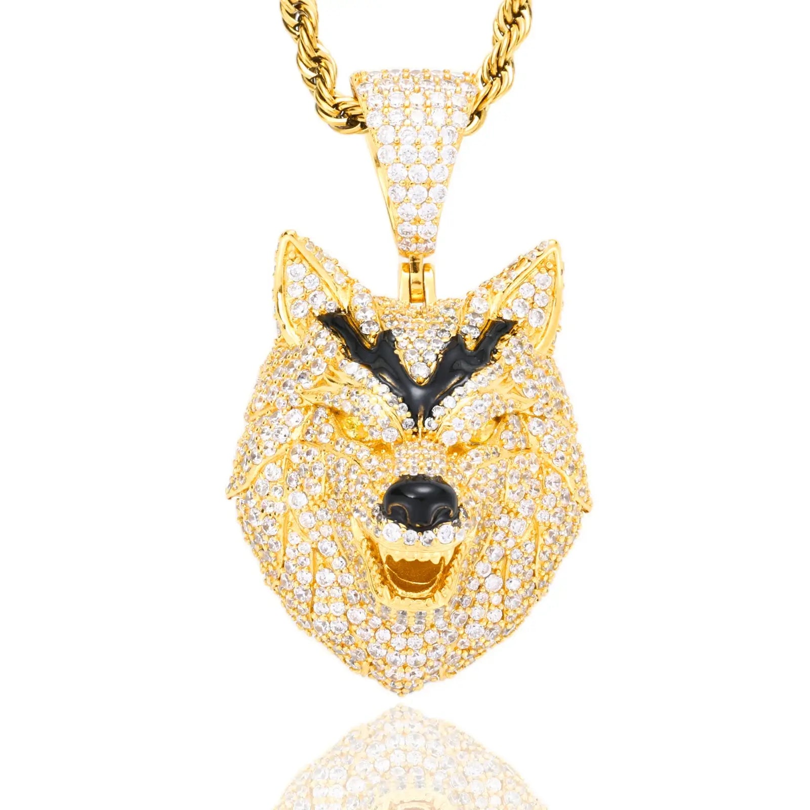 Gold wolf head pendant on white background - premium 925 sterling silver with luxurious moissanite pave animal jewelry