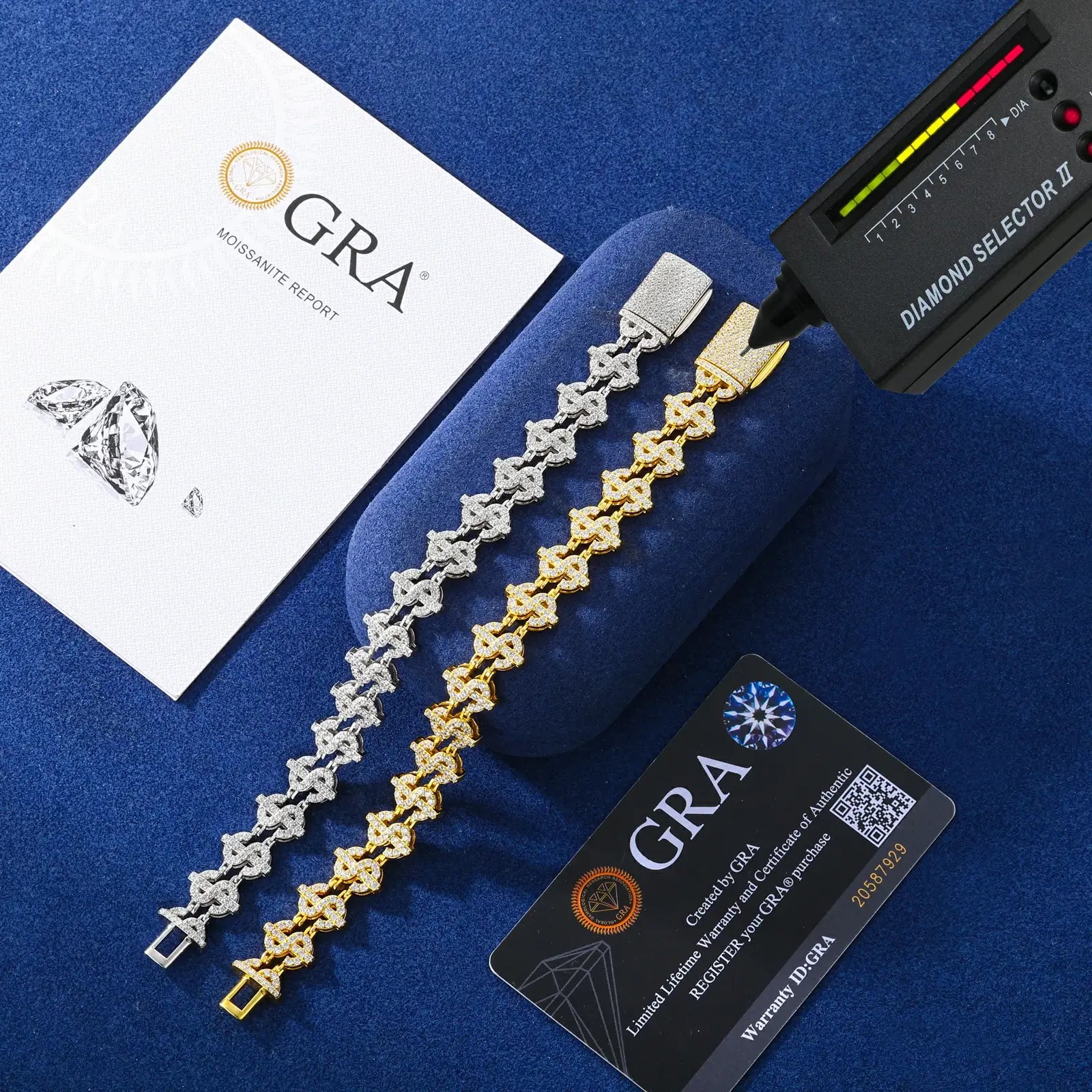GRA certificate + diamond tester proving 12mm dollar bracelet's moissanite RI 2.65 > natural diamonds - lab authentication for luxury jewelry