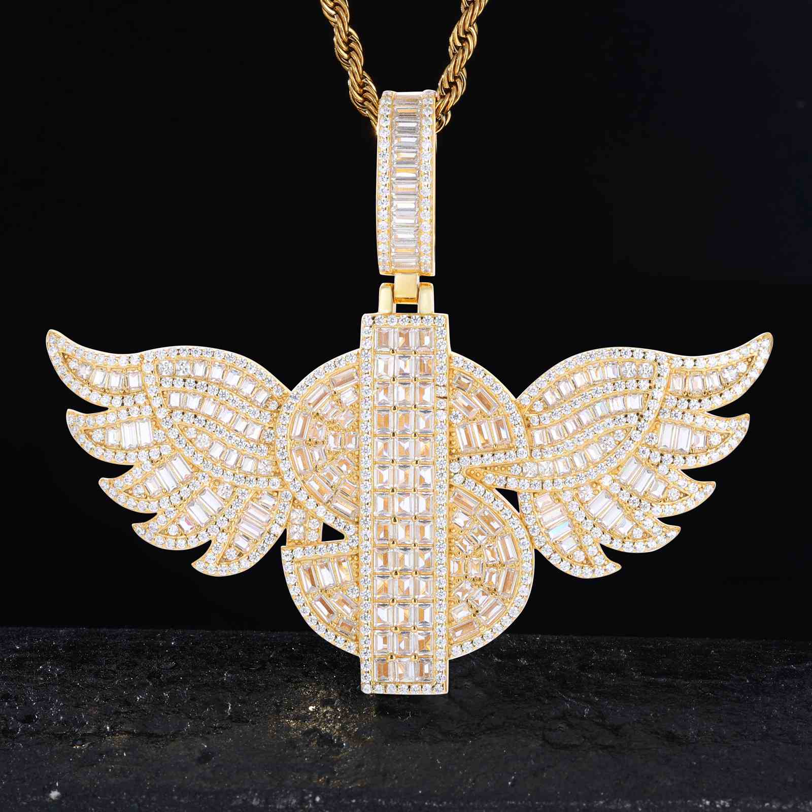 S925 sterling silver dollar wing pendant displayed on vintage dollar bills with spray-painted graffiti wall background, symbolizing hip hop hustle culture