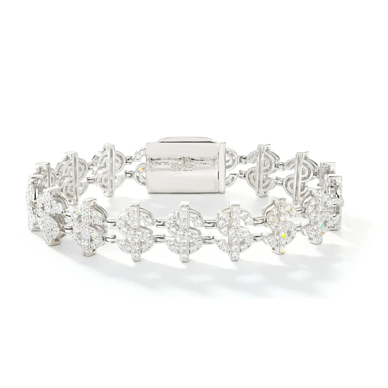 12mm white gold dollar bracelet studio shot - rhodium-plated S925 links with 120+ moissanites, tarnish-proof certification visible