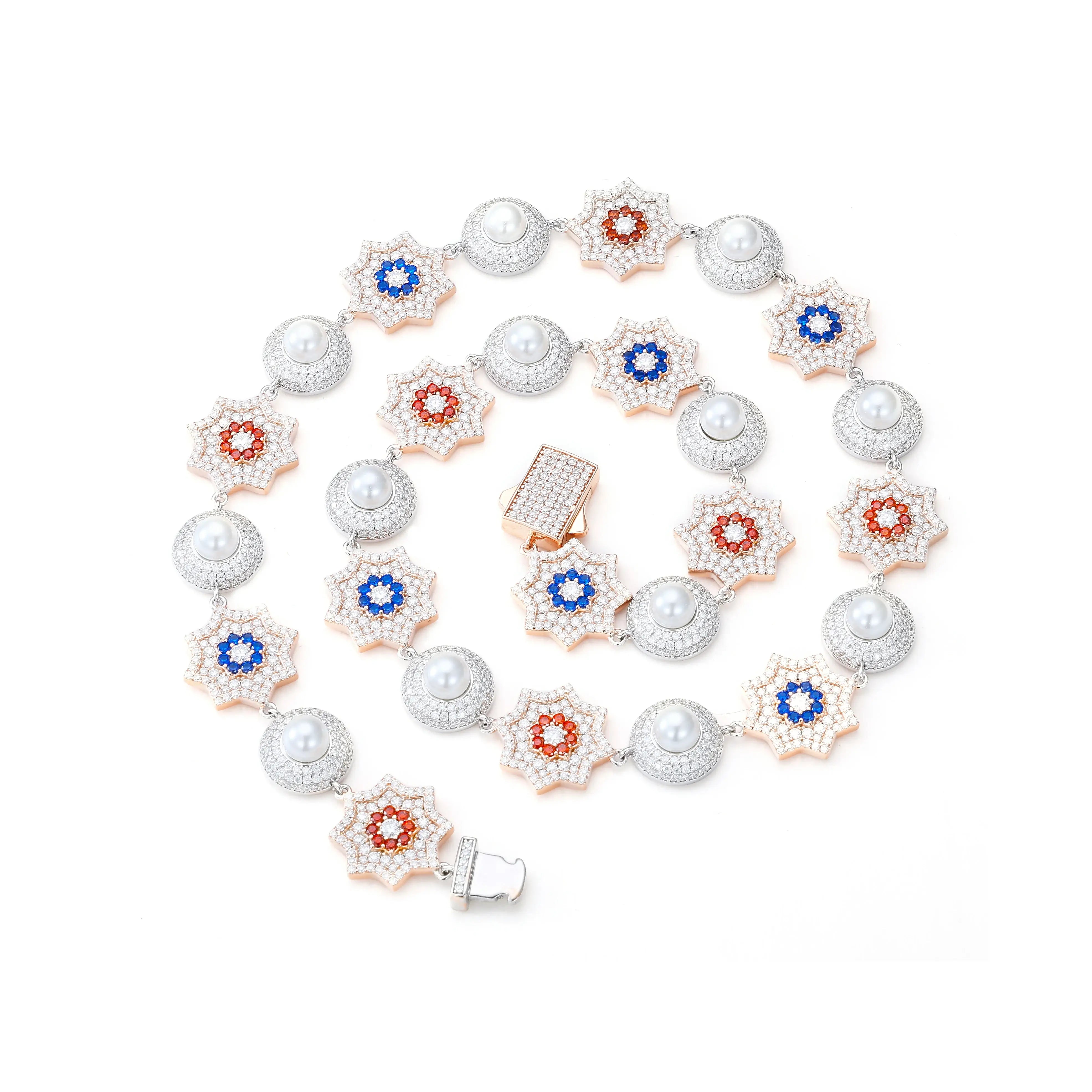 Studio shot: 17mm white gold moissanite sun and pearl halo link chain on white background - showcasing brilliant sparkle and pearl luster | Hypoallergenic jewelry
