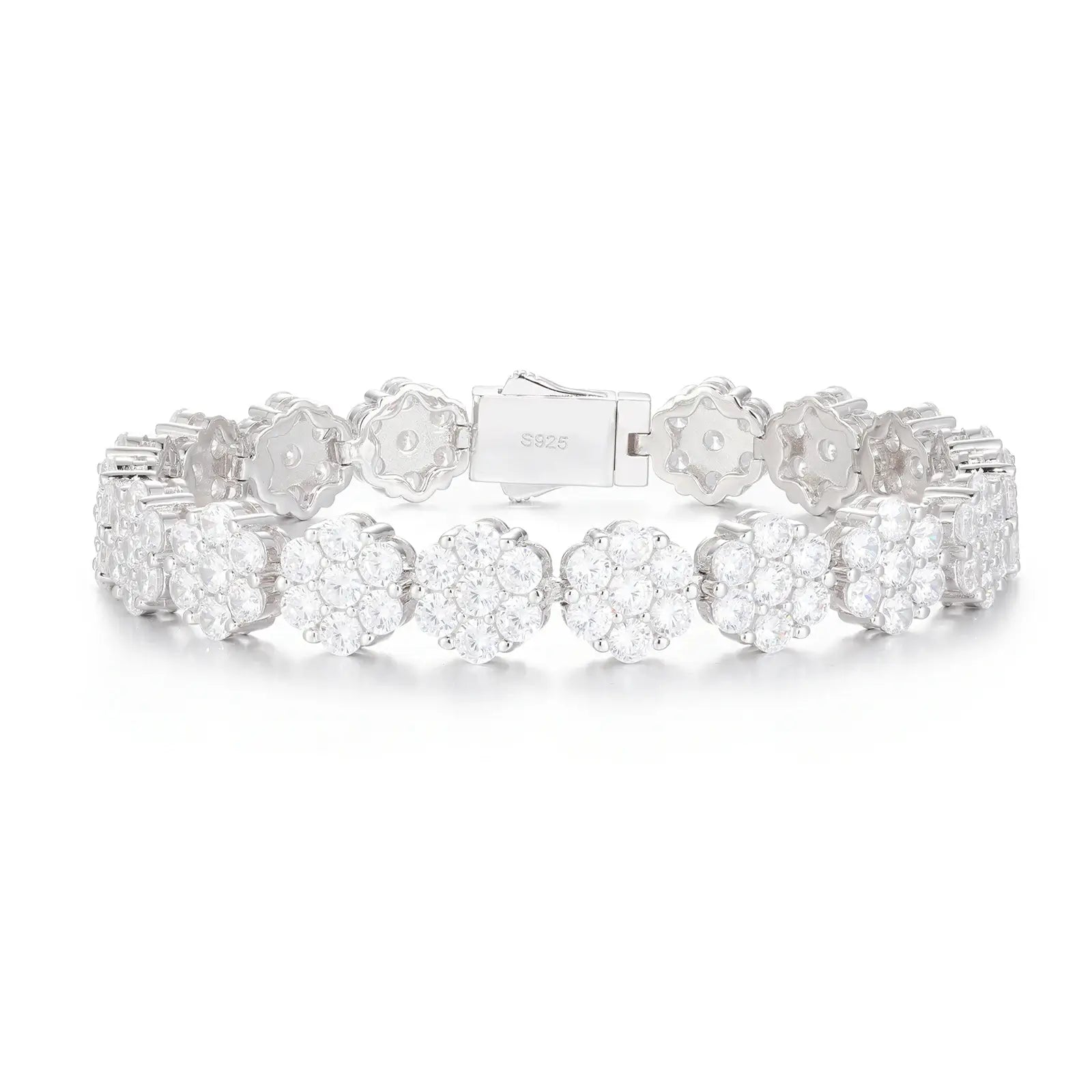 Studio macro: 9mm white gold bracelet under 75° light - moissanite petal clusters and S925 stamp | Tarnish-proof plating certification