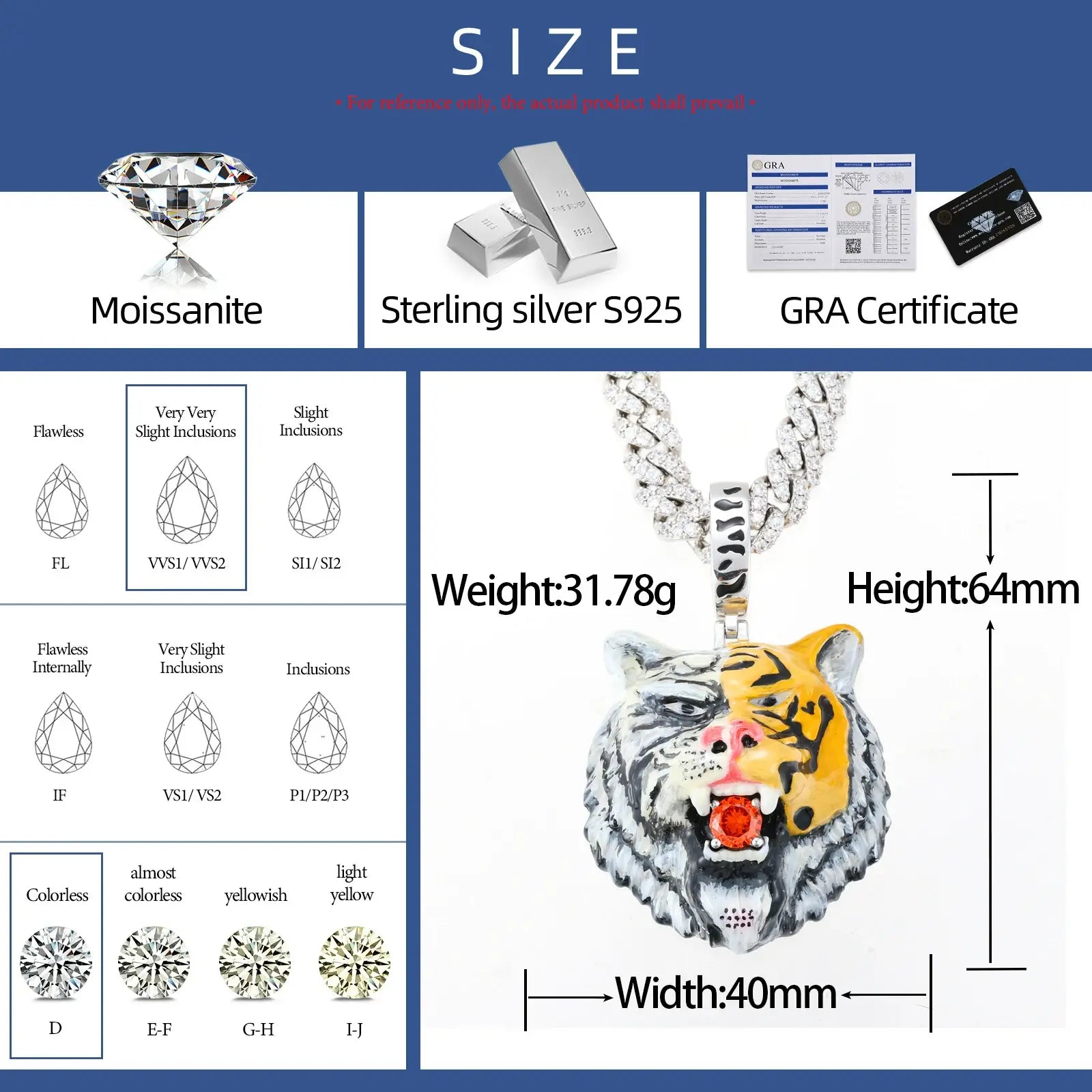 Technical specs: 38mm height, 28mm width, VVS moissanite grade | S925 silver material diagram with quarter coin scale