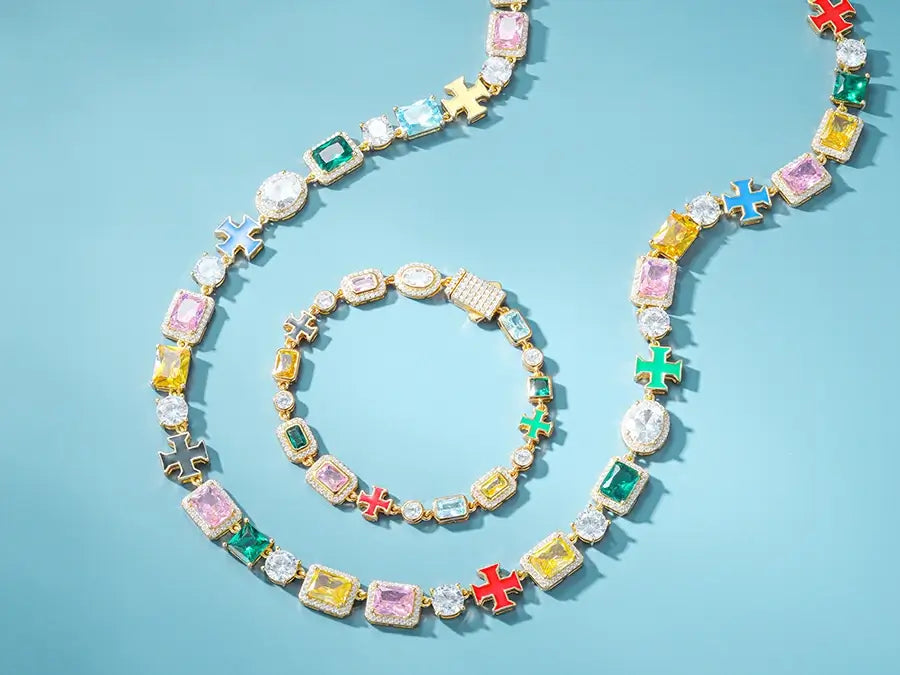 jewlery set of Enamel Cross Colorful Gemstone Tennis Chain