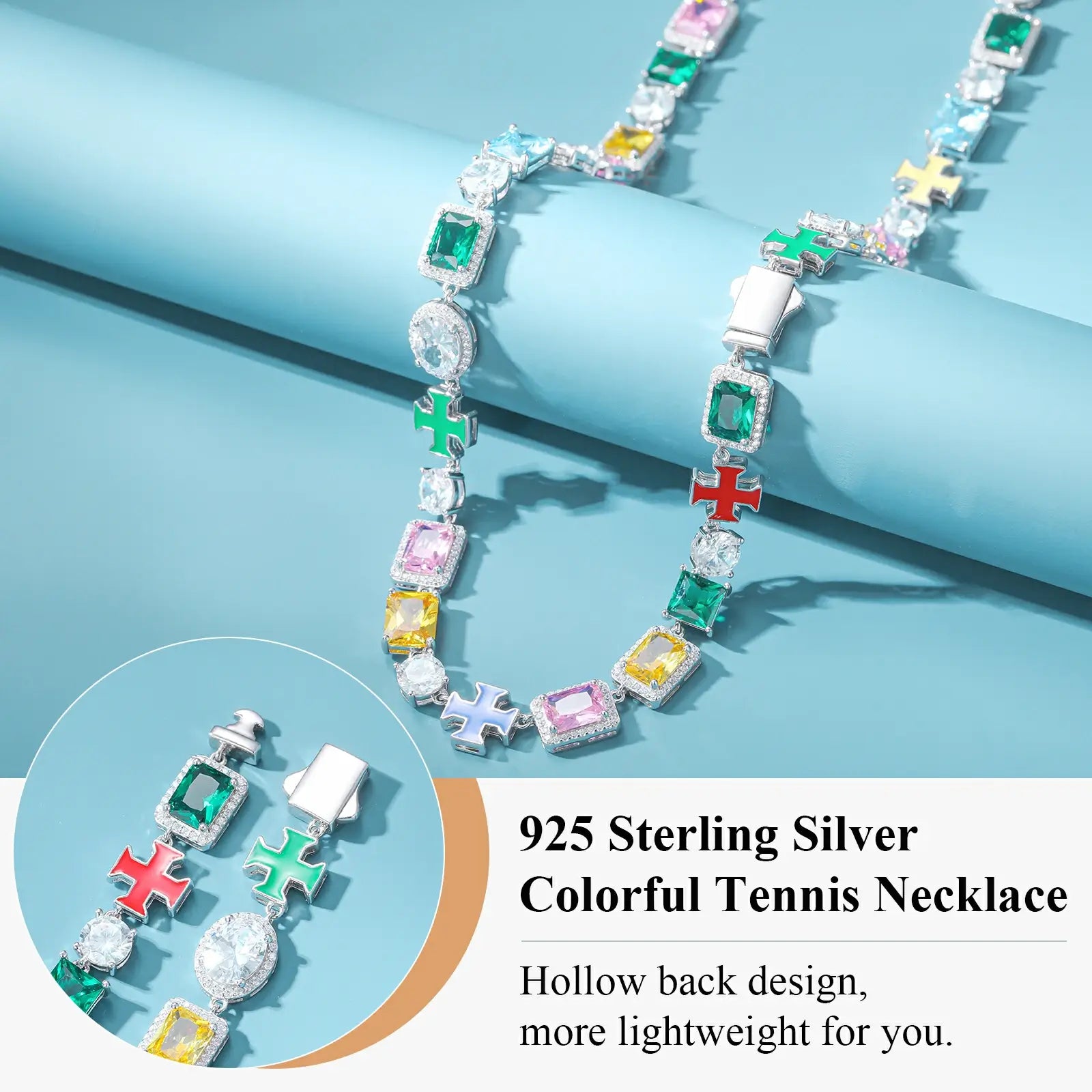 Close-up: Enamel cross pendant on 10mm chain - moissanite accents and multicolored gemstones | Hypoallergenic S925 craftsmanship
