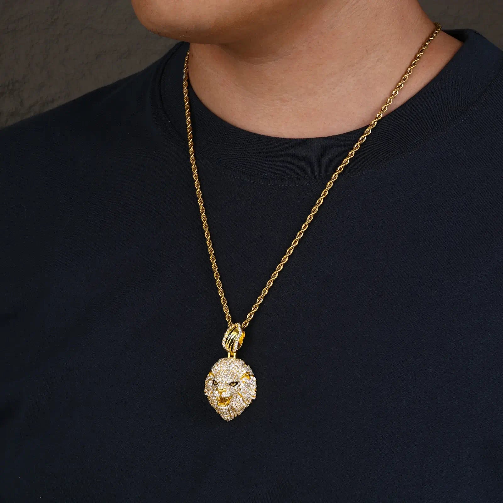 Male fashion influencer wearing gold lion head pendant on rope chain - luxury S925 sterling silver moissanite necklace