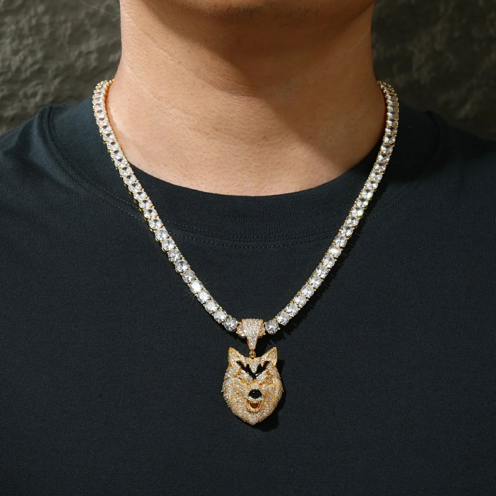 Male fashion influencer wearing gold wolf head pendant on tennis chain - luxury S925 sterling silver moissanite necklace