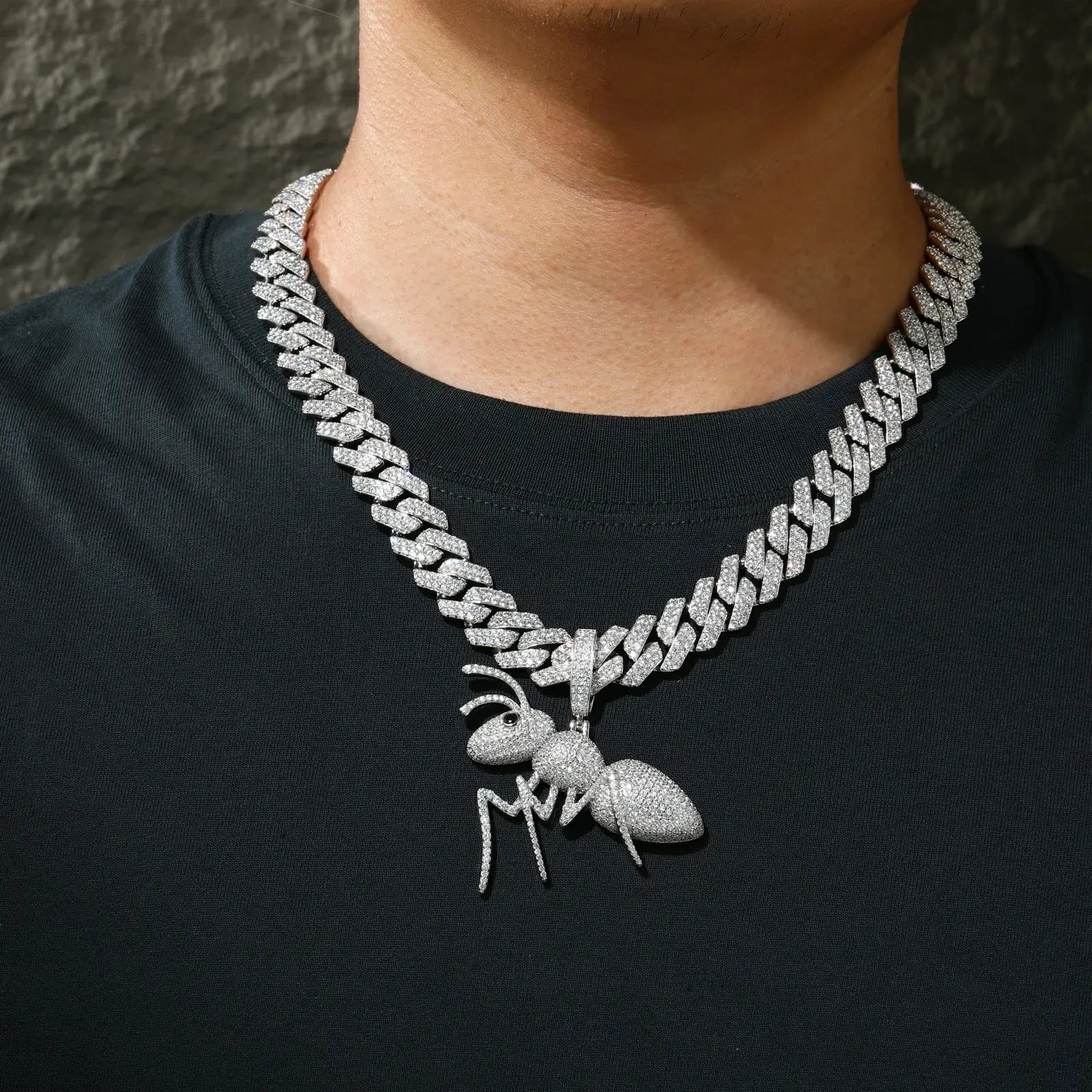 Male fashion blogger wearing white gold ant pendant with Cuban link chain - hypoallergenic S925 silver statement jewelry