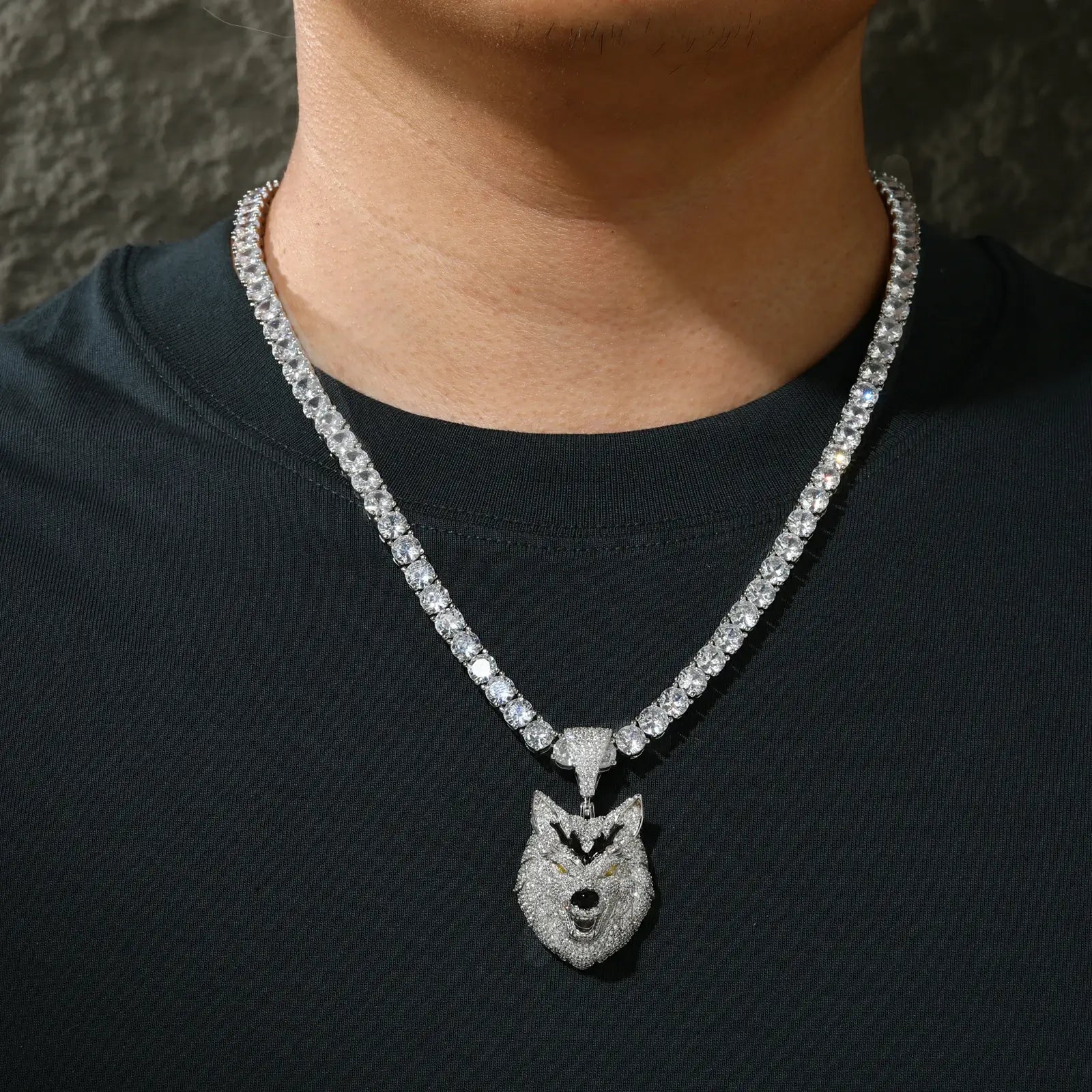 Male model wearing white gold wolf head pendant with tennis chain - 925 sterling silver moissanite jewelry for men's fashion