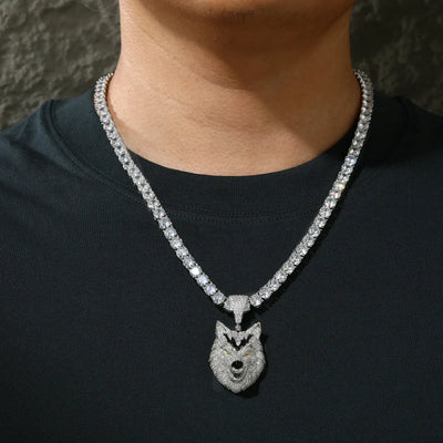 Male model wearing white gold wolf head pendant with tennis chain - 925 sterling silver moissanite jewelry for men's fashion