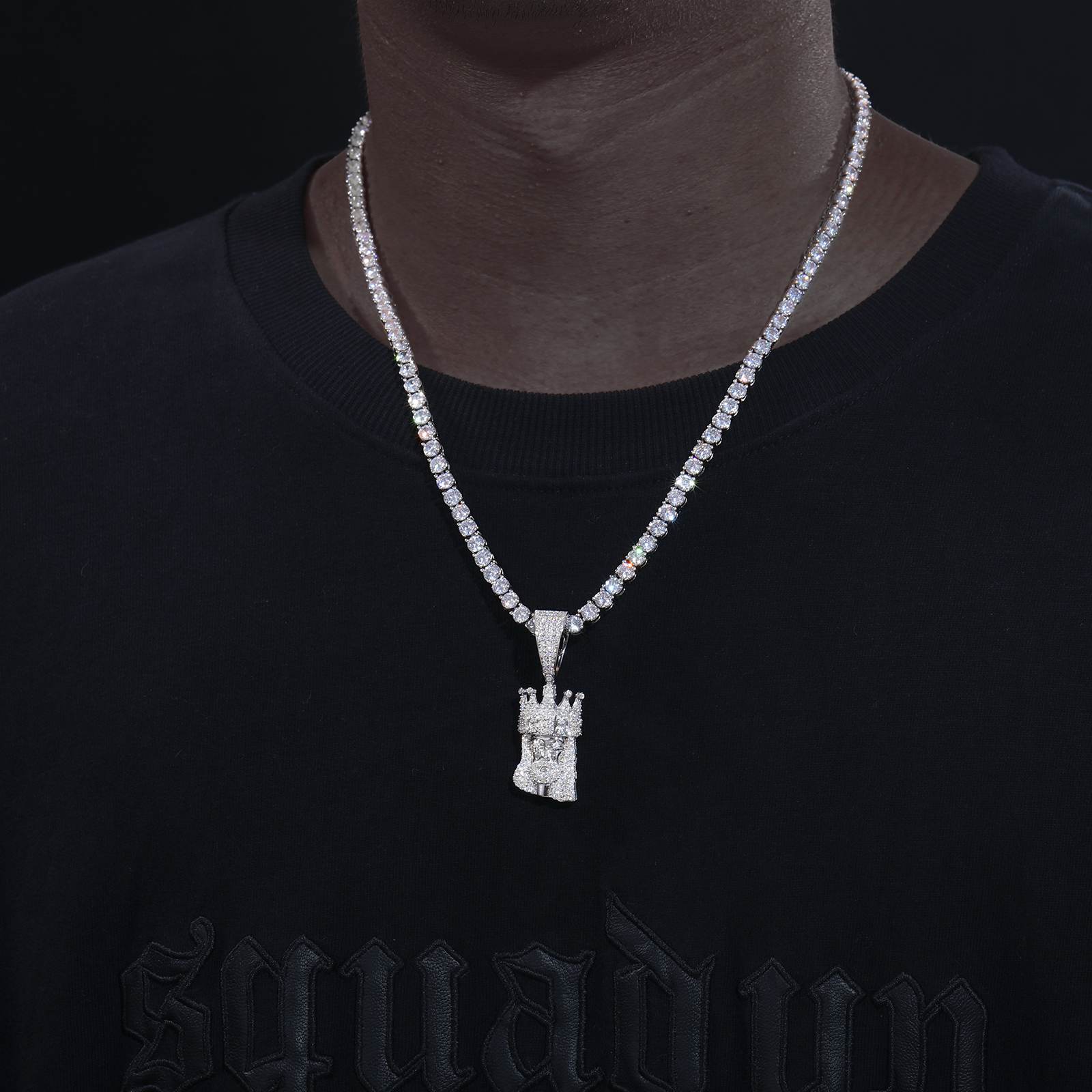 African American executive wearing white gold Jesus crown pendant on diamond tennis chain - S925 hypoallergenic armor | Boardroom sanctity statement