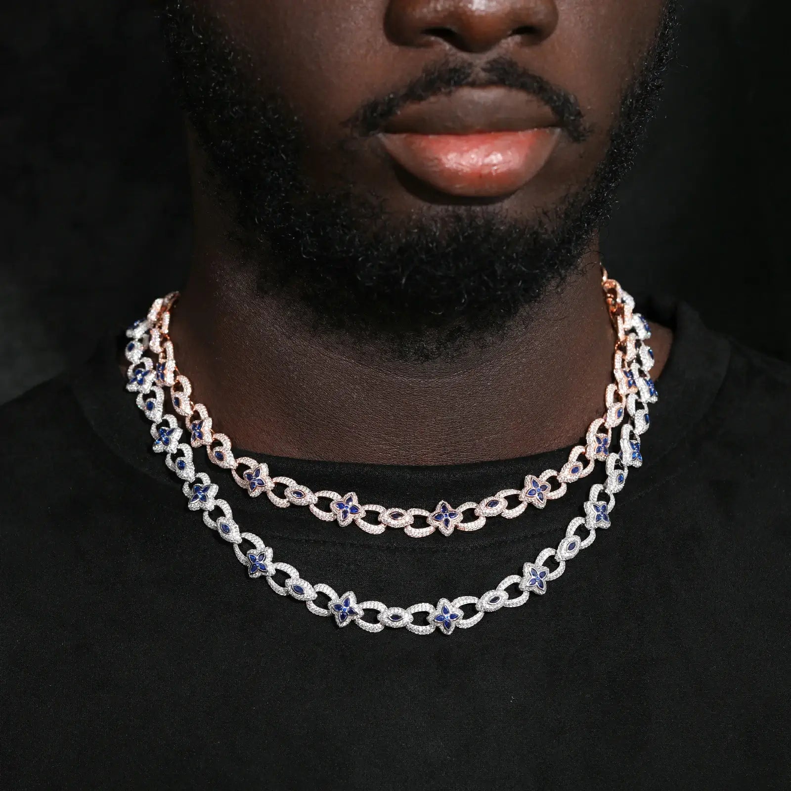 Caucasian male styling dual-tone S925 chain - white and rose gold evil eye & four-leaf clover links | Dual-protection luxury necklace for men