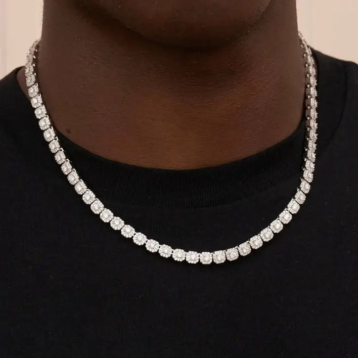 African American man styling yellow gold tennis chain - 6mm square halo moissanites on S925 silver | Hypoallergenic statement necklace