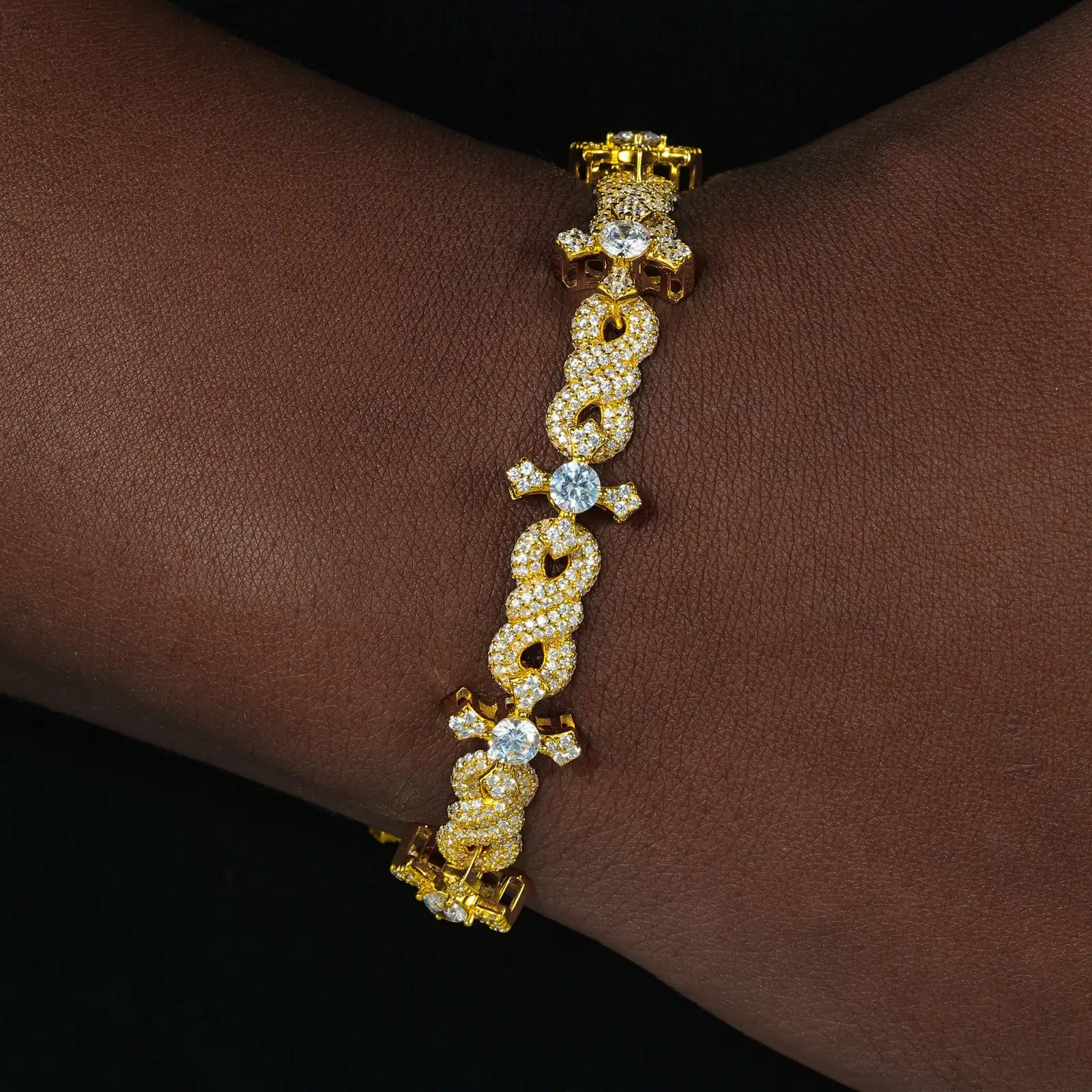 Male wrist styling 13mm gold infinity-cross bracelet - sacred geometry design with moissanite sparks | Hypoallergenic S925 chain
