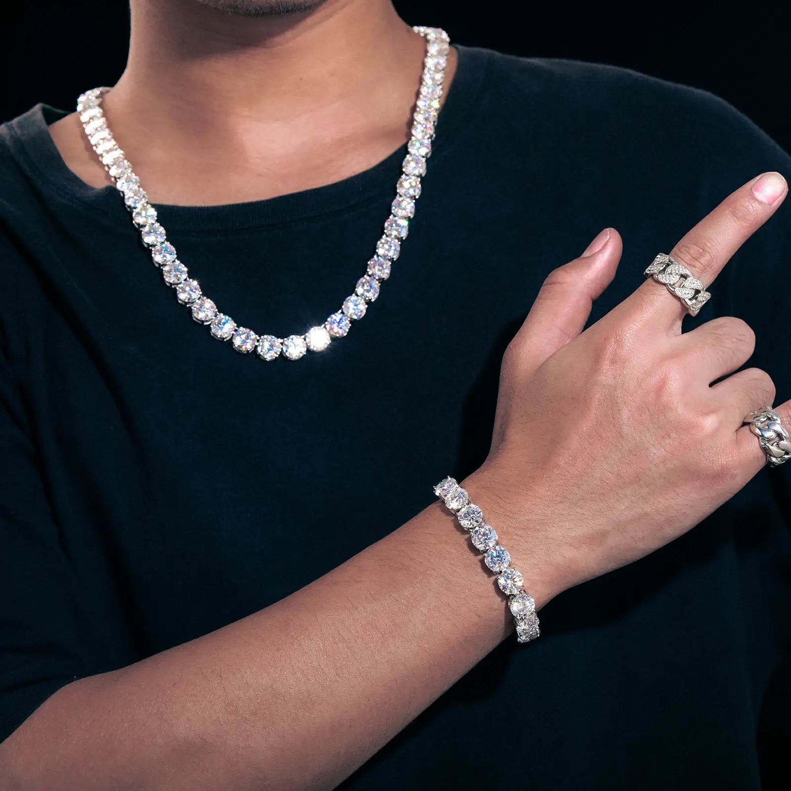 Style influencer wearing 10mm white gold moissanite tennis bracelet with casual attire, perfect for everyday luxury jewelry.
