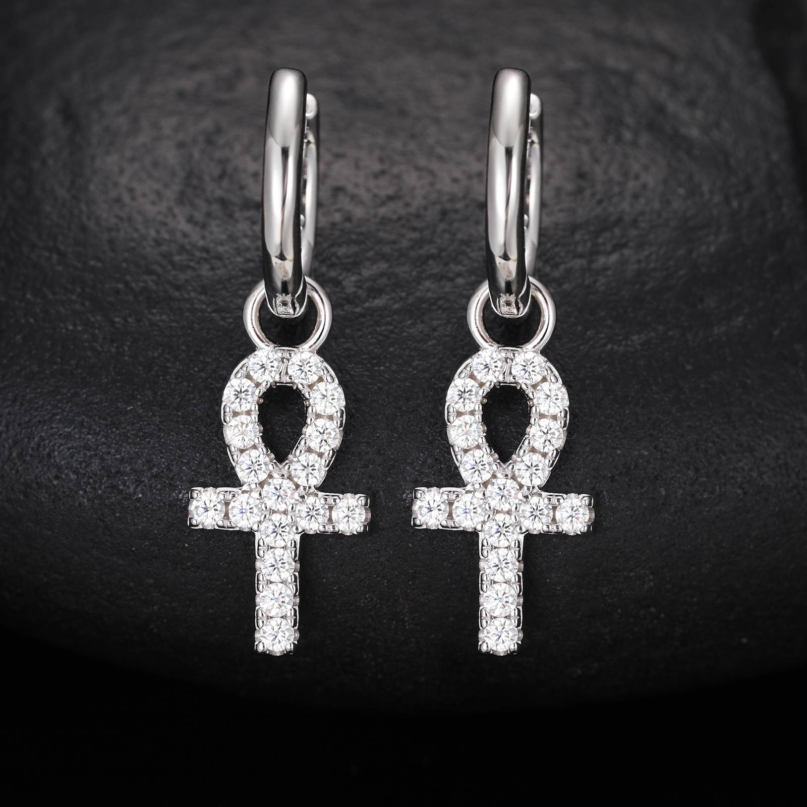 mens moissanite diamond ankh cross drop earrings