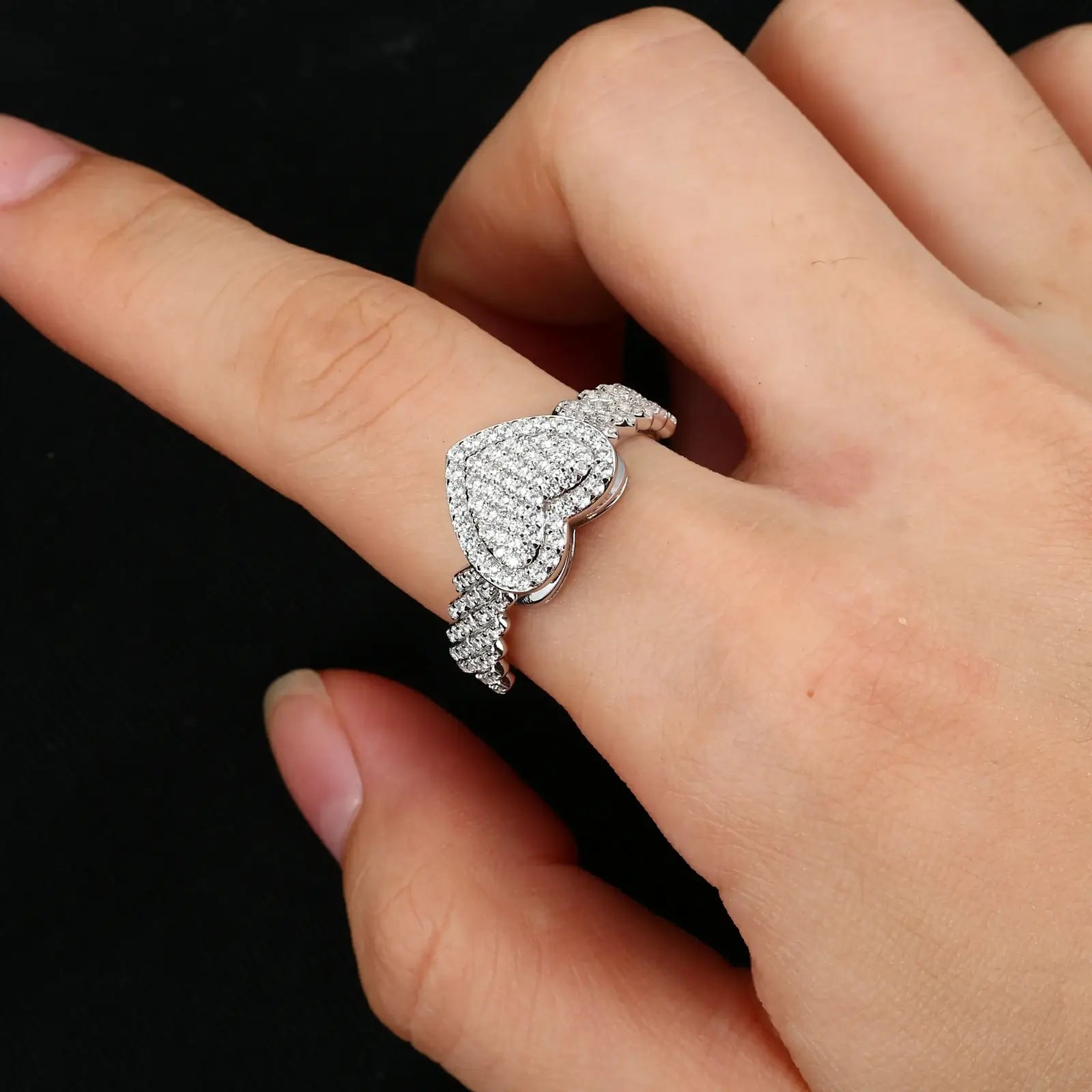 Caucasian man wearing white gold 2-layer heart ring with Cuban side links - 11.50 CT moissanites in S925 silver | Men's luxury Cuban heart jewelry