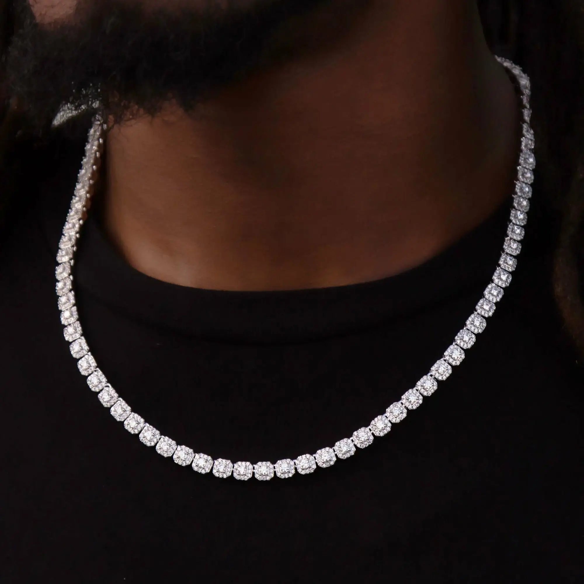 Caucasian man wearing white gold 6mm tennis chain - S925 silver square halo moissanite links | Waterproof luxury men's jewelry