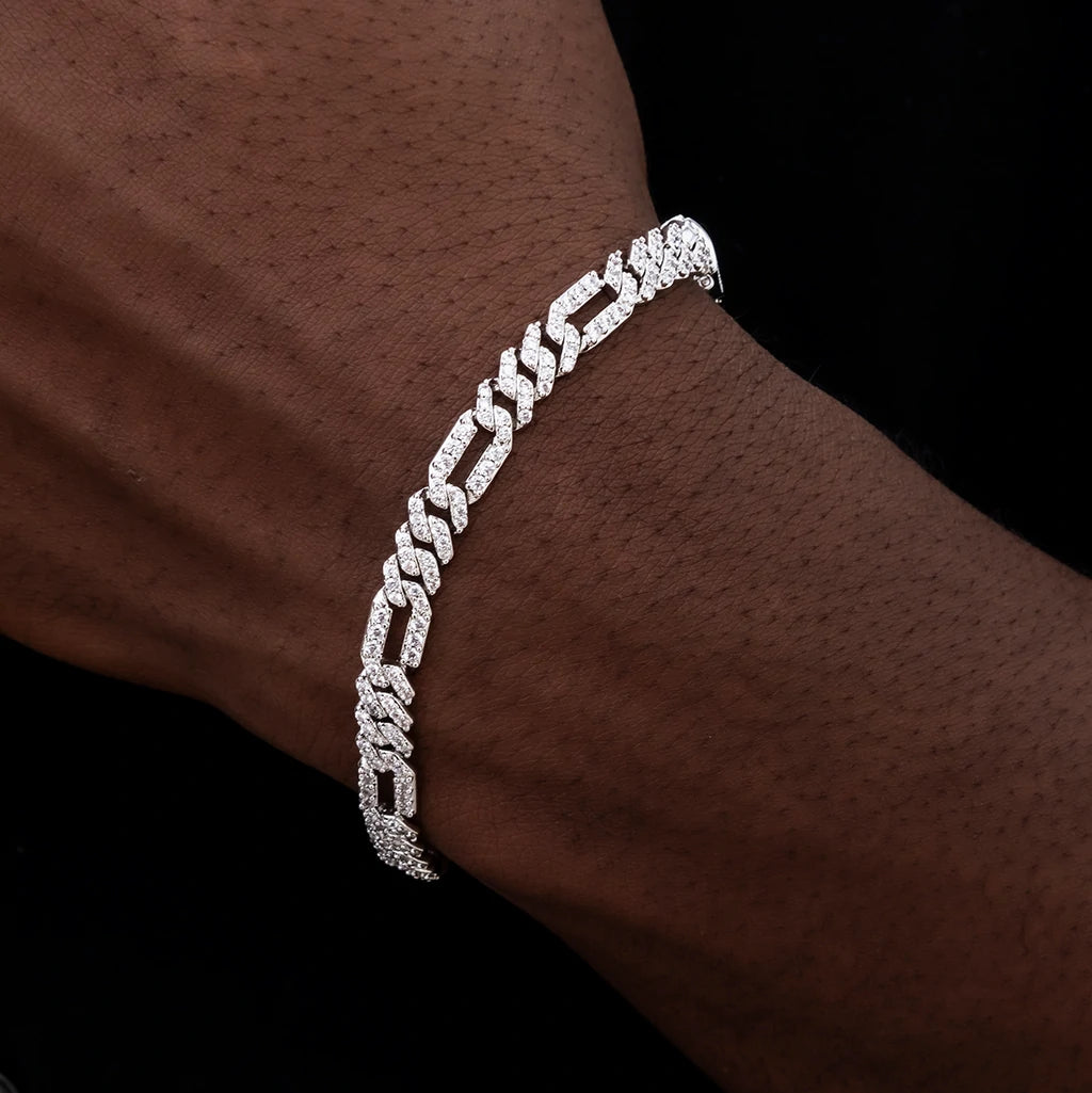 model wear white gold moissanite figaro cuban link bracelet