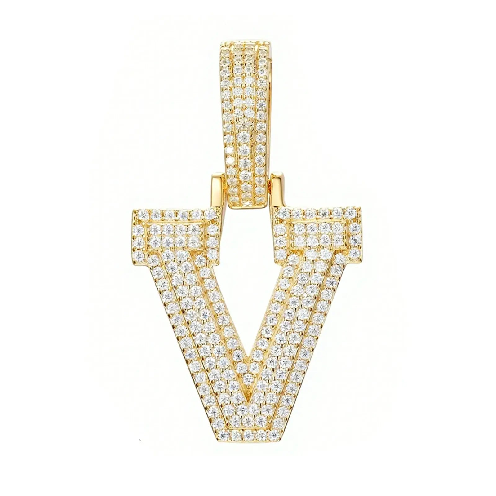 moissanite letter v pendant - white gold