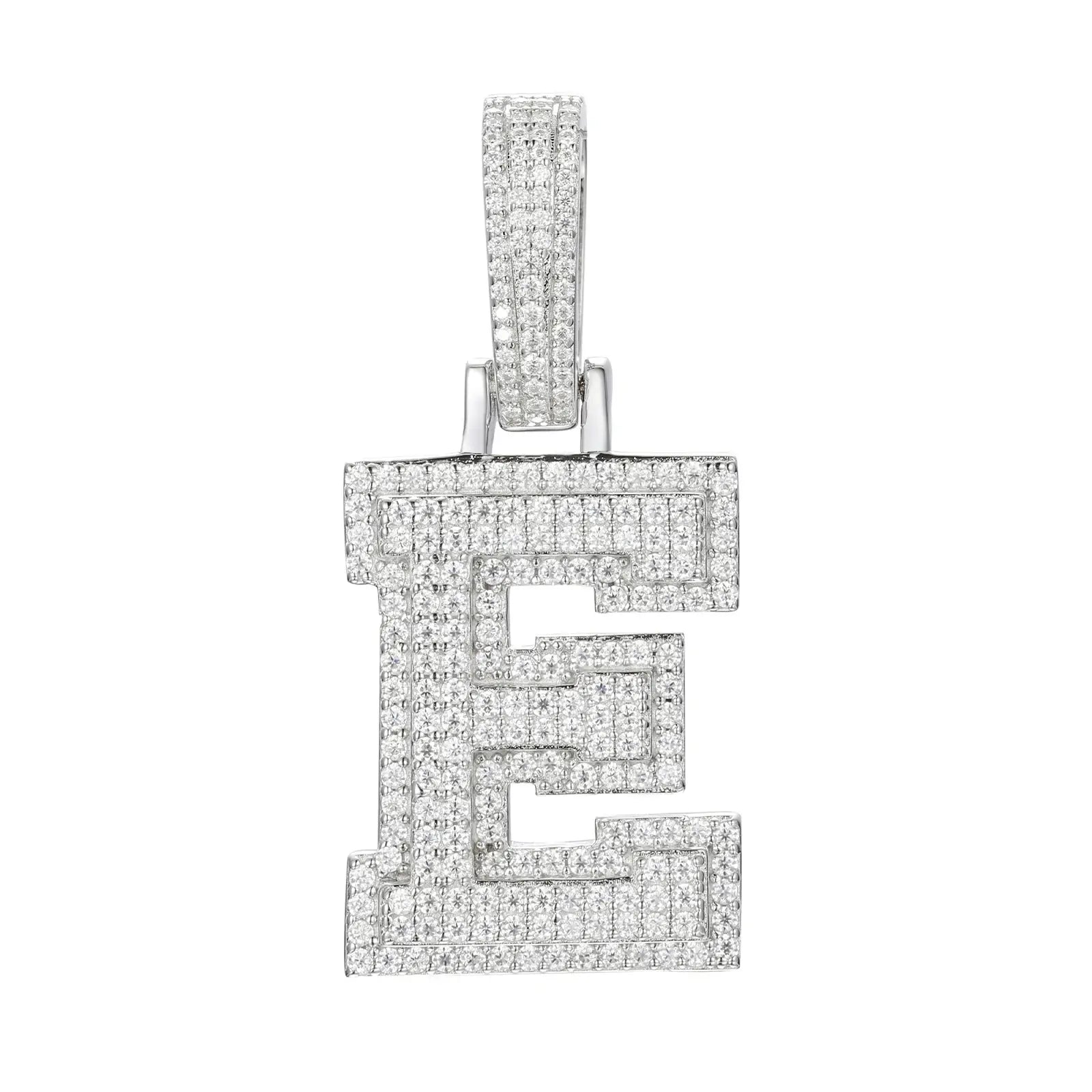 moissanite letter e pendant - white gold