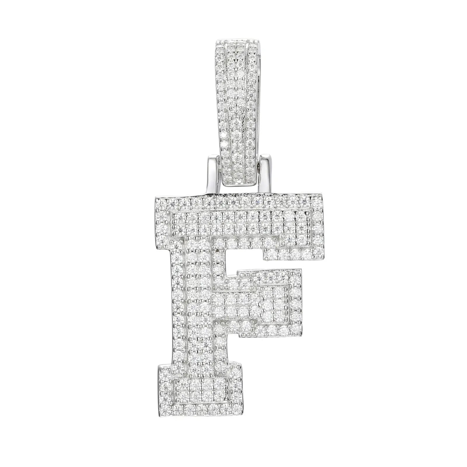 moissanite letter f pendant - white gold