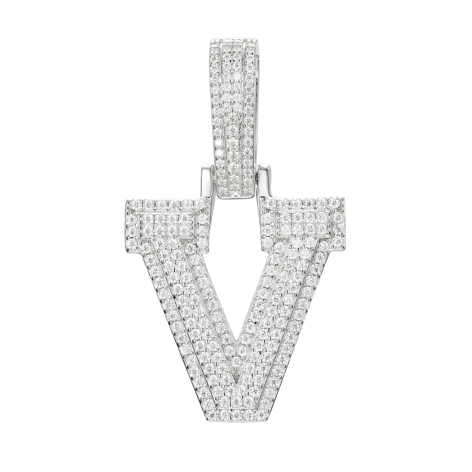moissanite letter v pendant - white gold