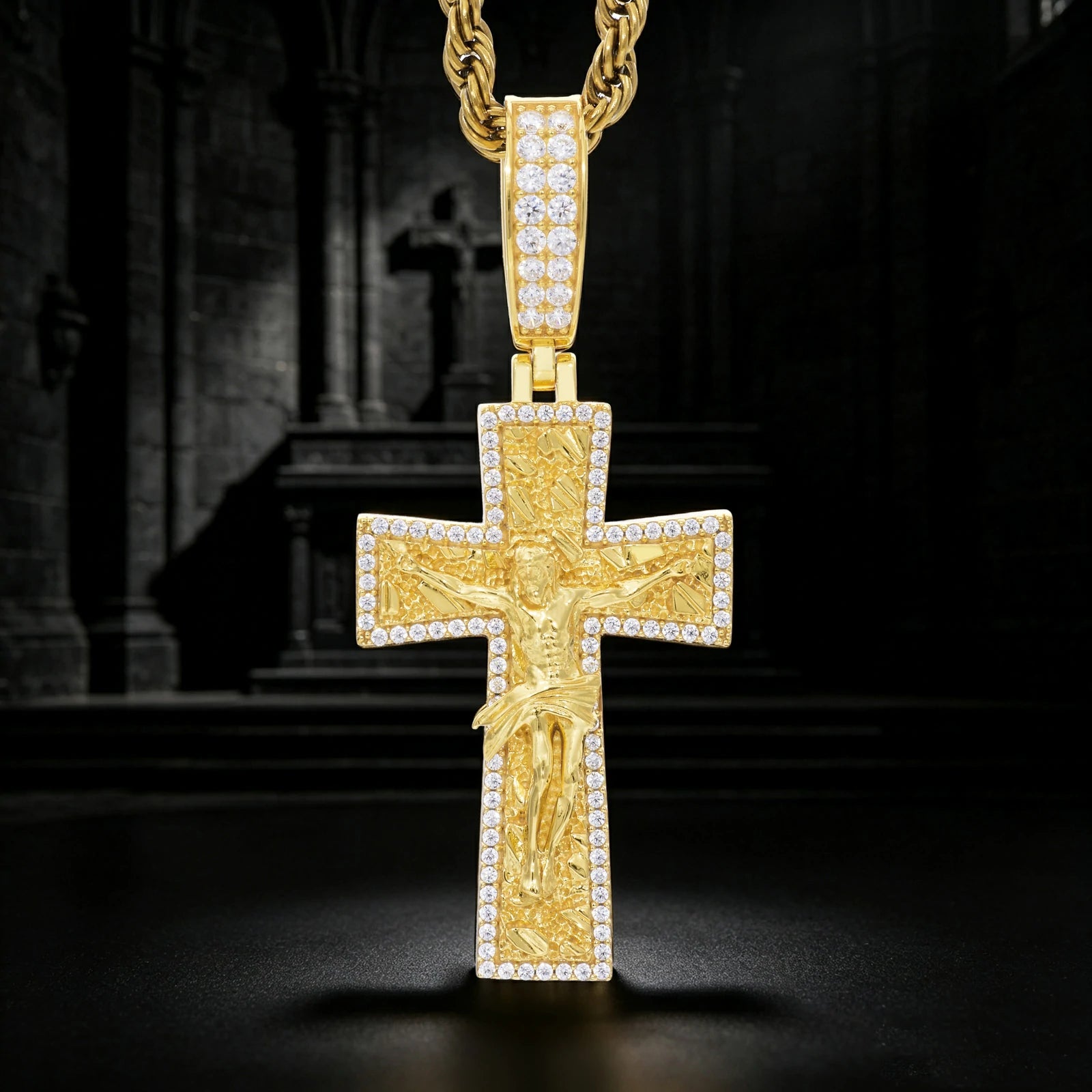 S925 Moissanite Gold Nugget Jesus Crucifix Pendant