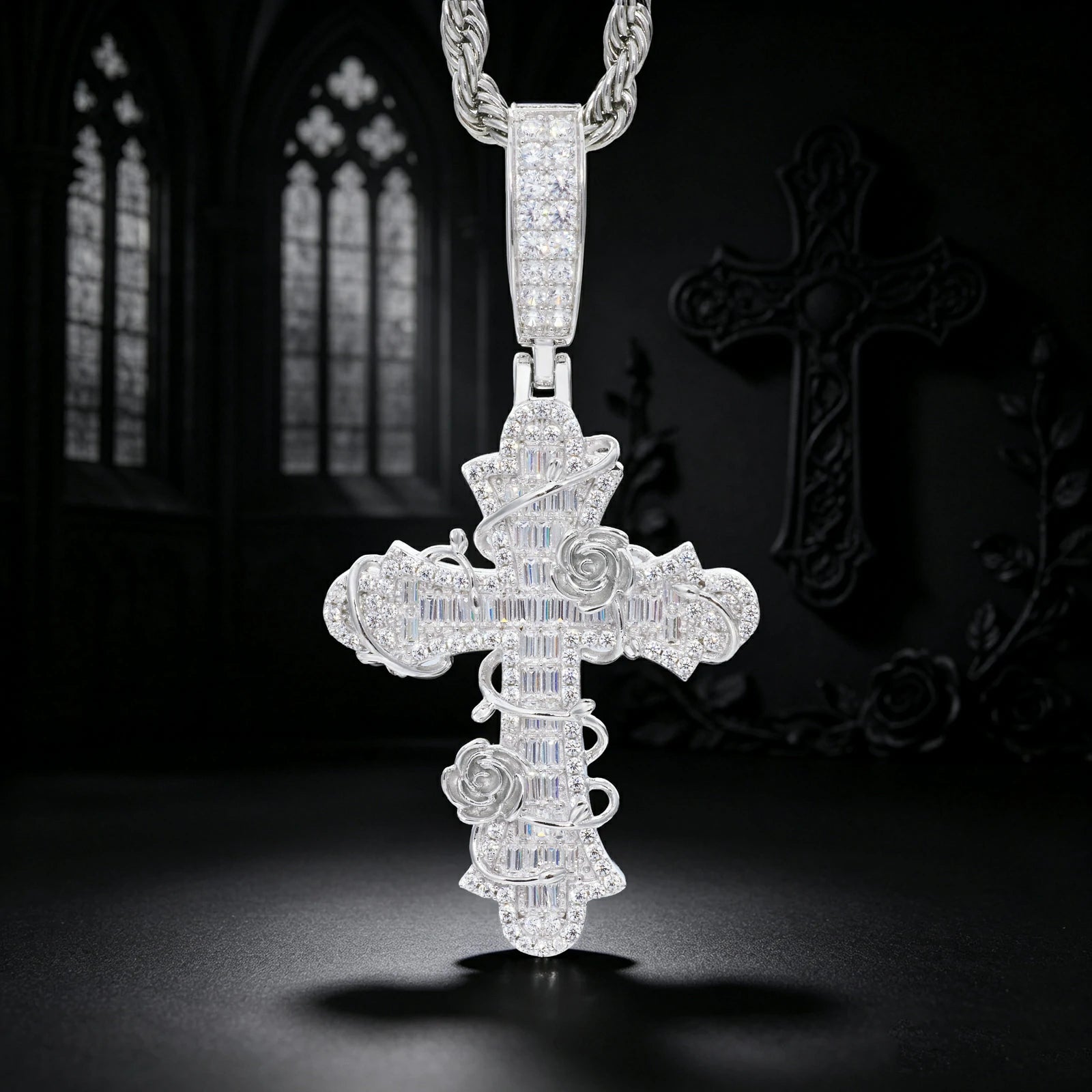 S925 Baguette Moissanite Rose Cross Pendant