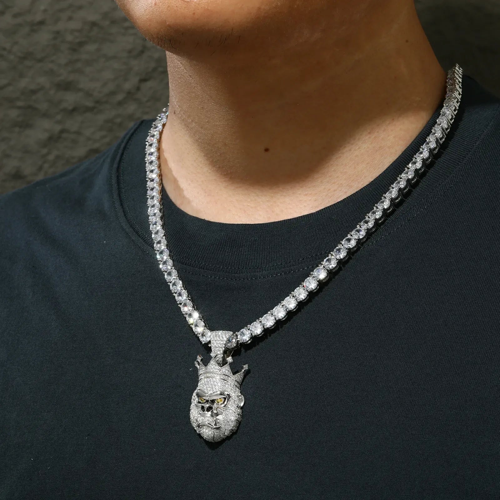 Professional male styling white gold gorilla pendant on tennis chain - hypoallergenic 925 silver statement necklace